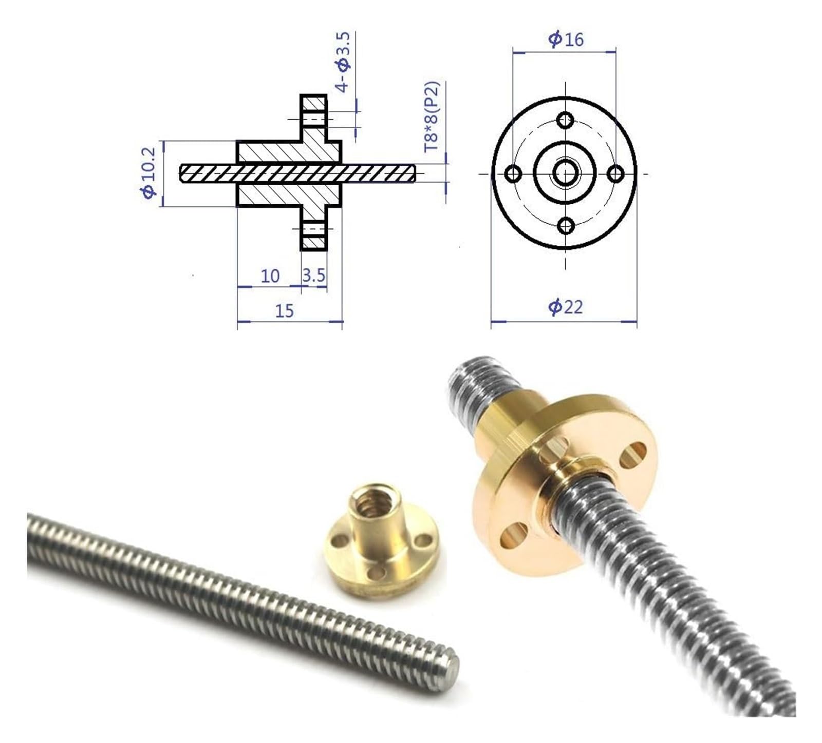 1 szt. Śruba pociągowa T8 ze stali nierdzewnej skok 2MM 10MM długość 100/200/300/400/500/600/700/800/900/1000mm z nakrętką mosiężną i miedzianą do drukarki CNC 3D(1000mm)