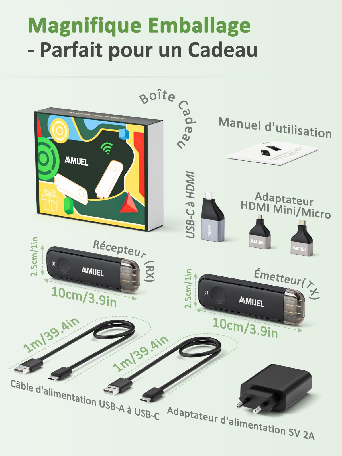HDMI sans Fil 𝟮𝟬𝟮𝟱 𝘂𝗽𝗴𝗿𝗮𝗱𝗲 Plug & Play Récepteur et Transmetteur HDMI sans Fil avec 3 Adaptateurs HDMI, 2.4/5GHz pour Monitor, HDTV, Streaming Audio/Vidéo, Laptop, PS4/5, Caméra, Projecteur