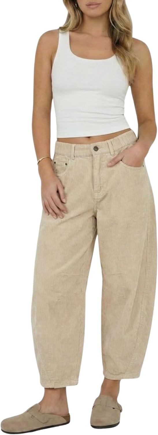 OctMoon Women’s Corduroy Barrel Pants Mid-Rise Elastic Waist Wide Leg Baggy Trousers with Pockets