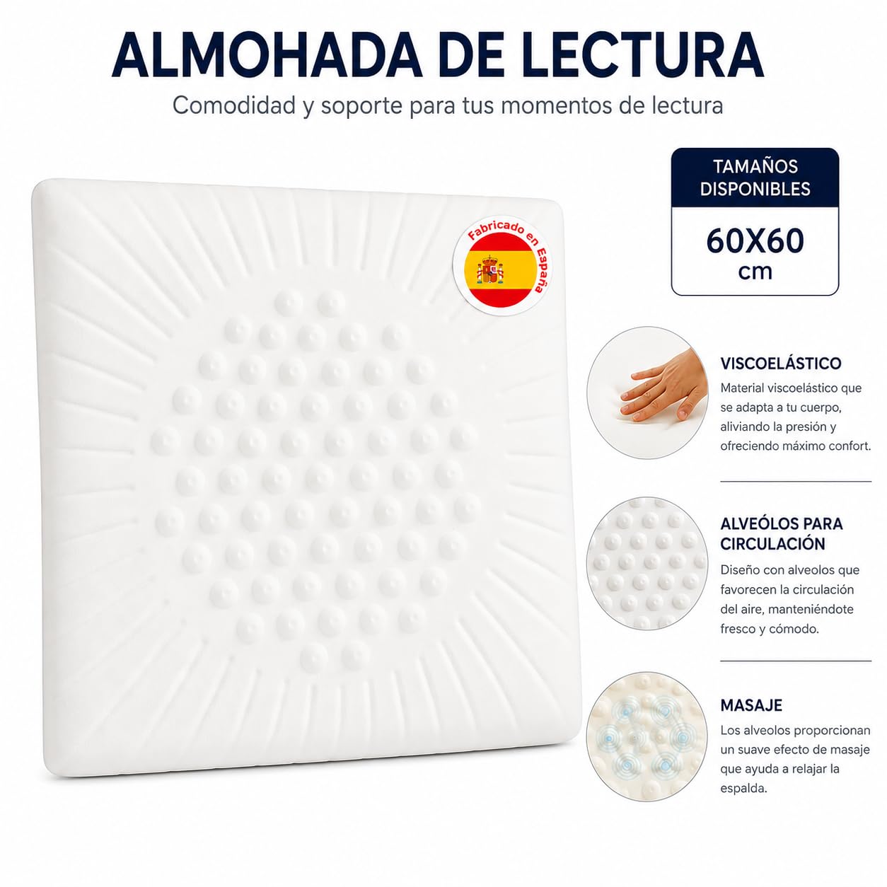 Aznar Almohada Cojin Viscoelastico para Lectura Respaldo Ergonomico con Soporte Lumbar Brazos Laterales Comodo para Cama Sofa Descanso Ver Television 60x60 cm