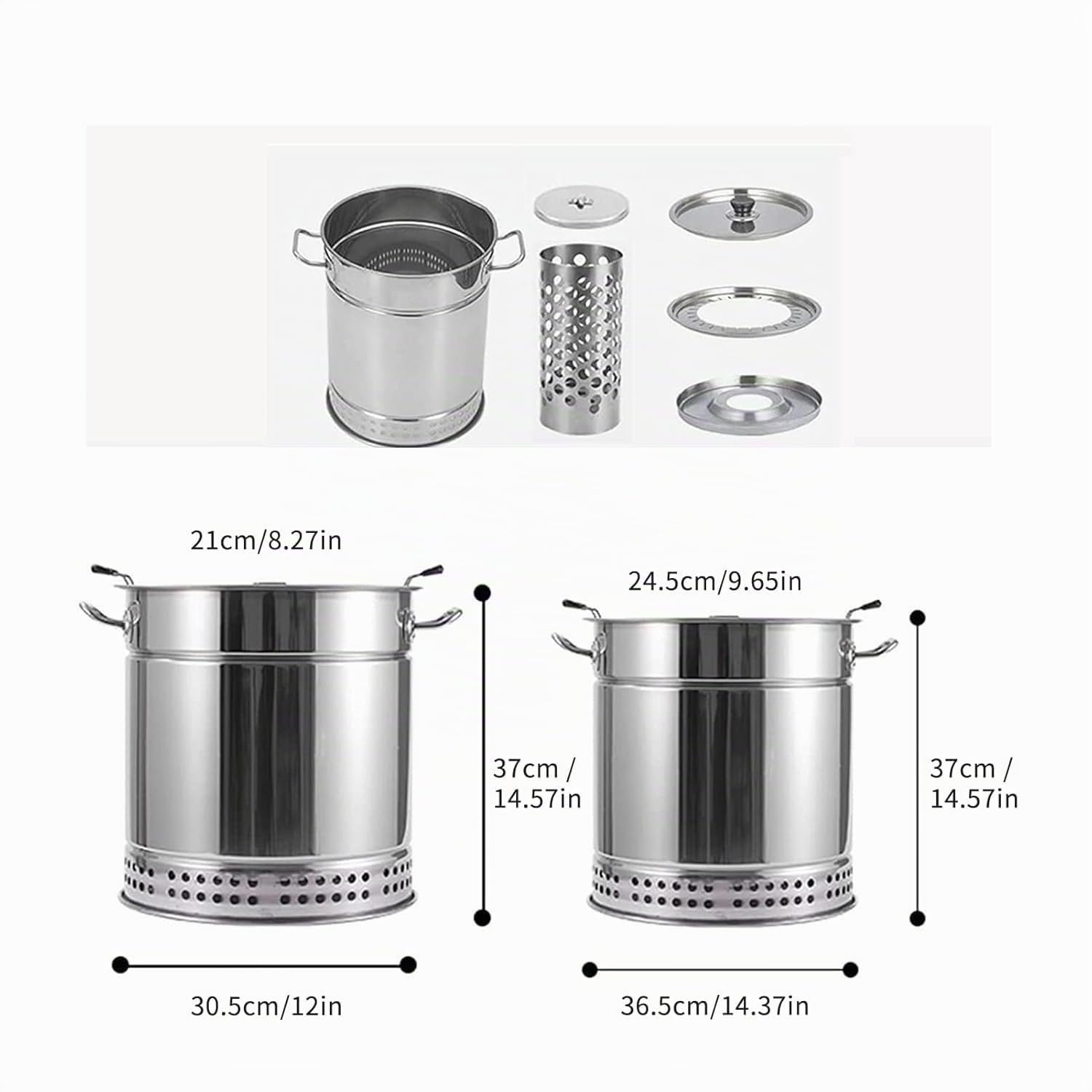 Barril Asador de Carne Sin Humo Interior, Parrilla de Barbacoa de Carbón Sin Humo BBQ Portátiles con Forma de Barril Envolvente de Acero Inoxidable para Exteriores Silver Large