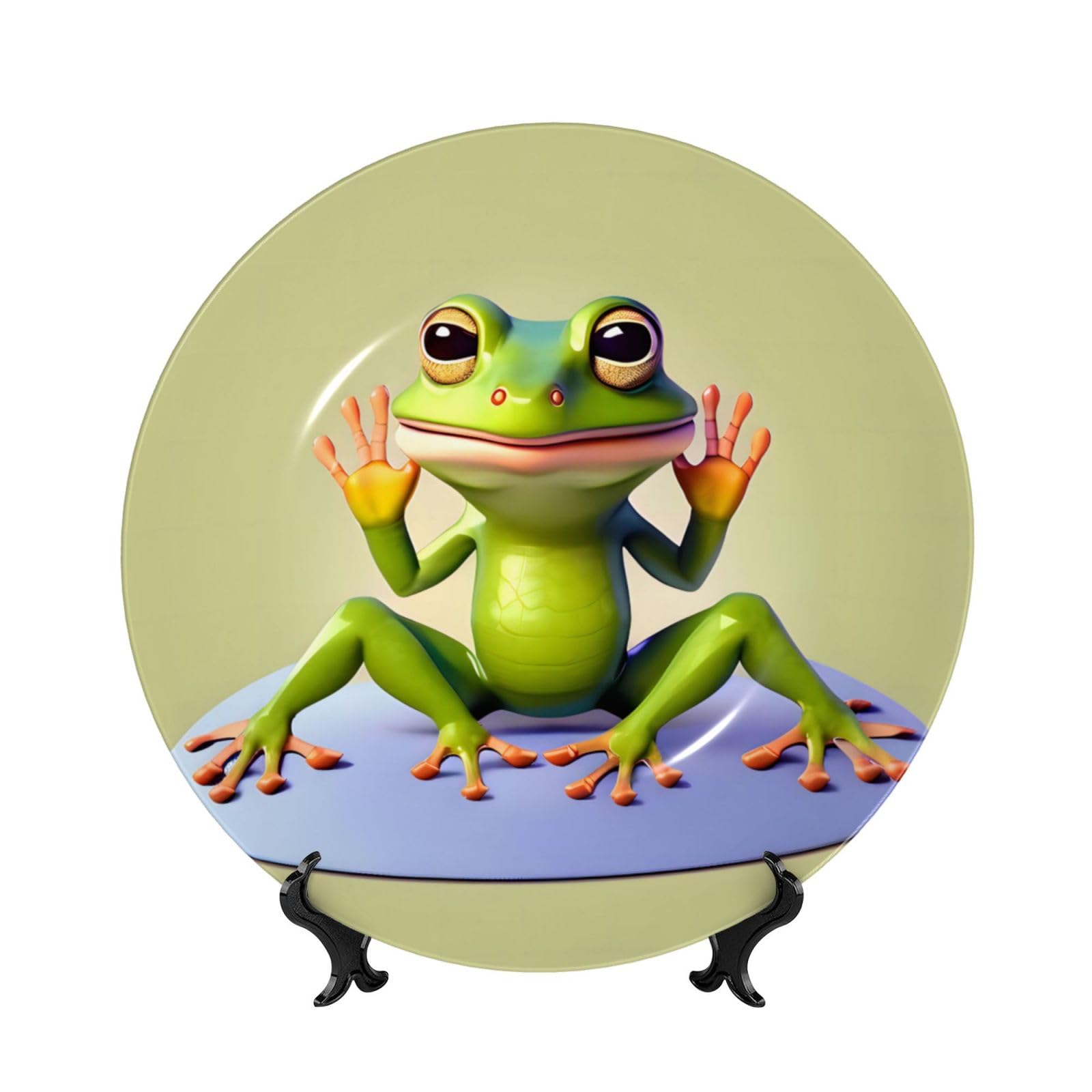 SXZVVBN The funny frog doing yoga Bone China Decorative Plate Art with Stand Removable Adhesive Hanging for Home Office 7in