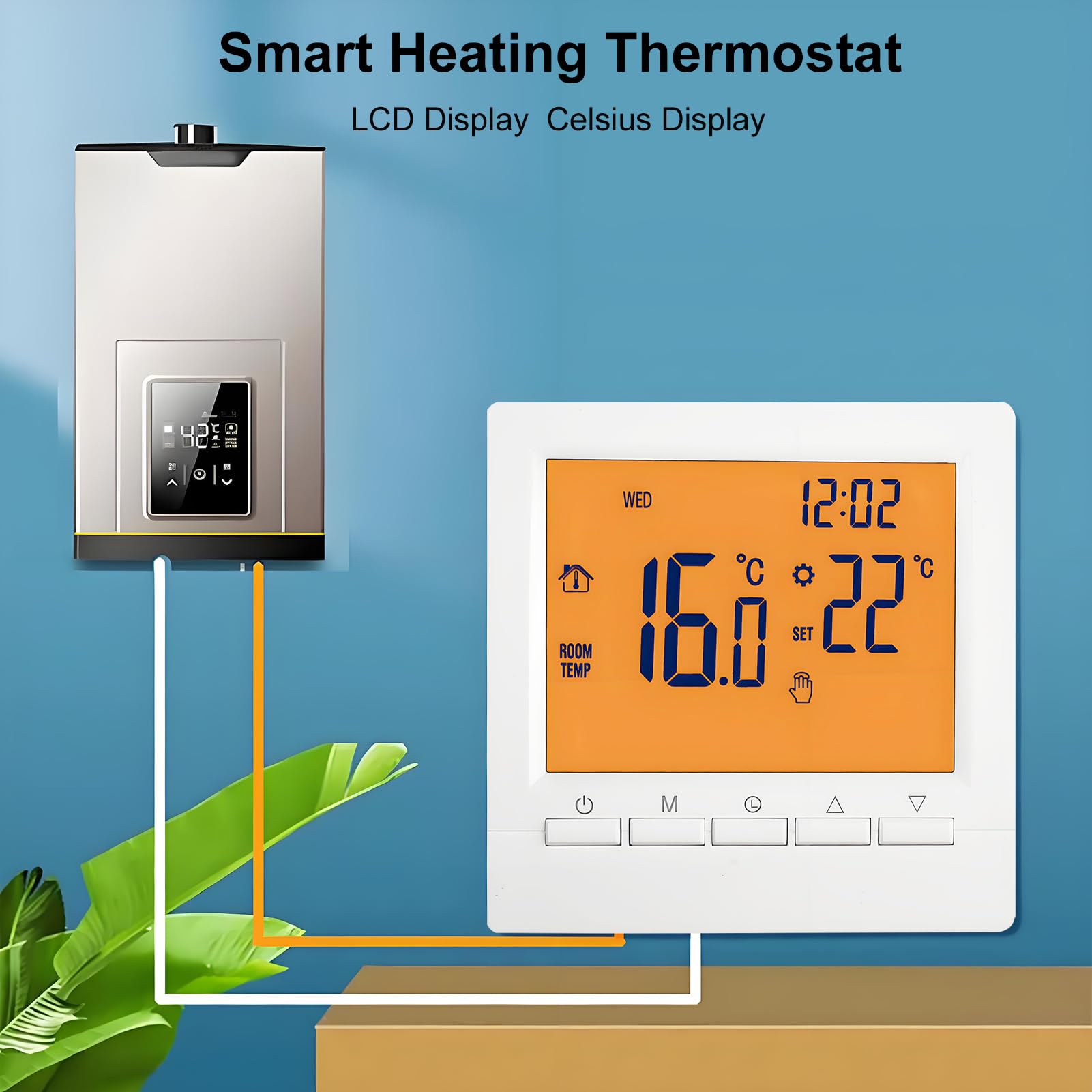 Thermostat intelligent programmable, thermostat mural, chaudière à gaz, régulateur de température de chauffage avec grand écran LCD, sans WiFi
