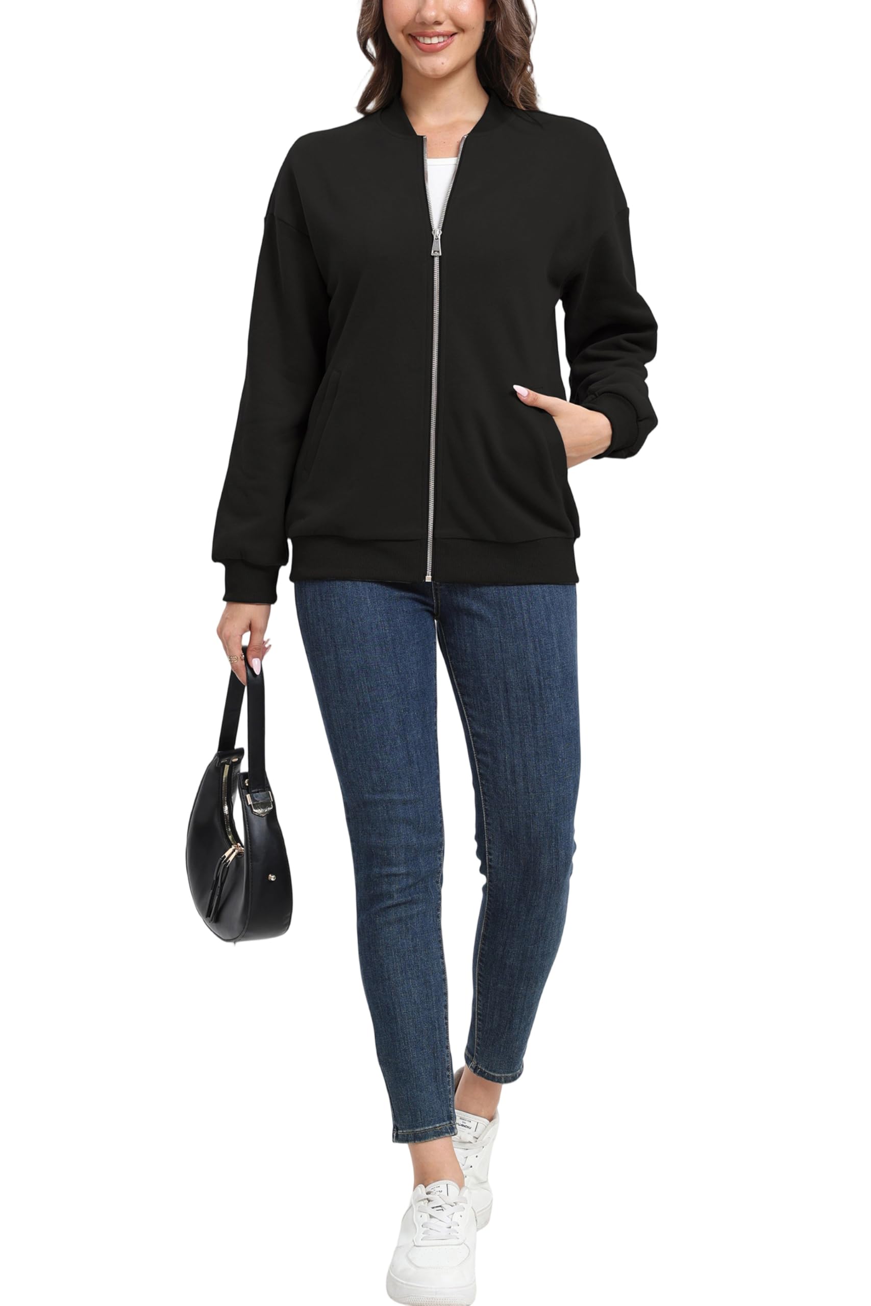 Timuspo Sudaderas con cremallera para mujer, chaqueta bomber de moda, manga larga, holgada, abrigos casuales con bolsillos