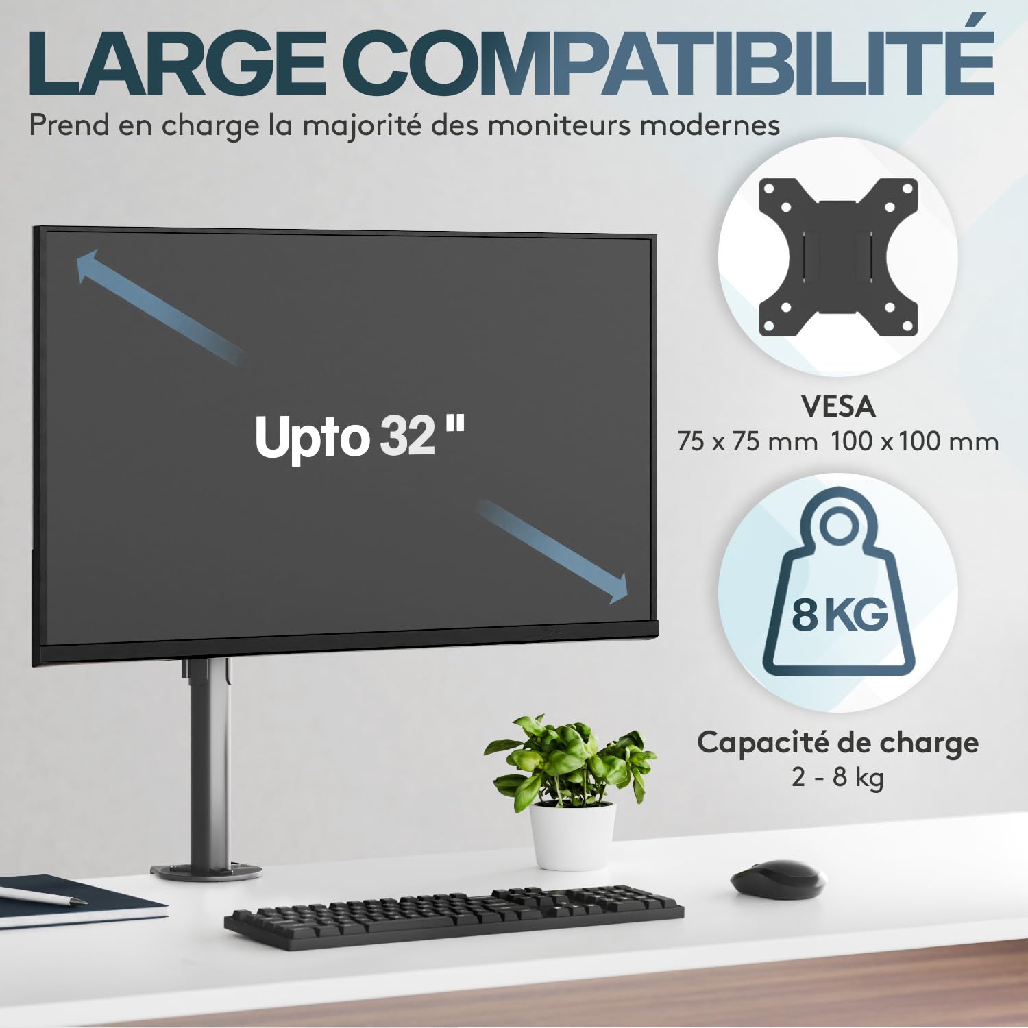 ACROPAQ - Support ecran PC 2 ecran - Pour ecrans de 13 à 32 pouces, Pivotant à 360°, Montage rapide, Hauteur et angle réglables individuellement - Bras Ecran PC, Support double ecran PC - Noir