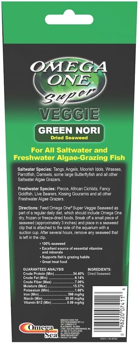 Omega One Super Veggie Green Seaweed for All Algae Grazers, .8 oz, 23 g, 24 Sheets, 3 Pack
