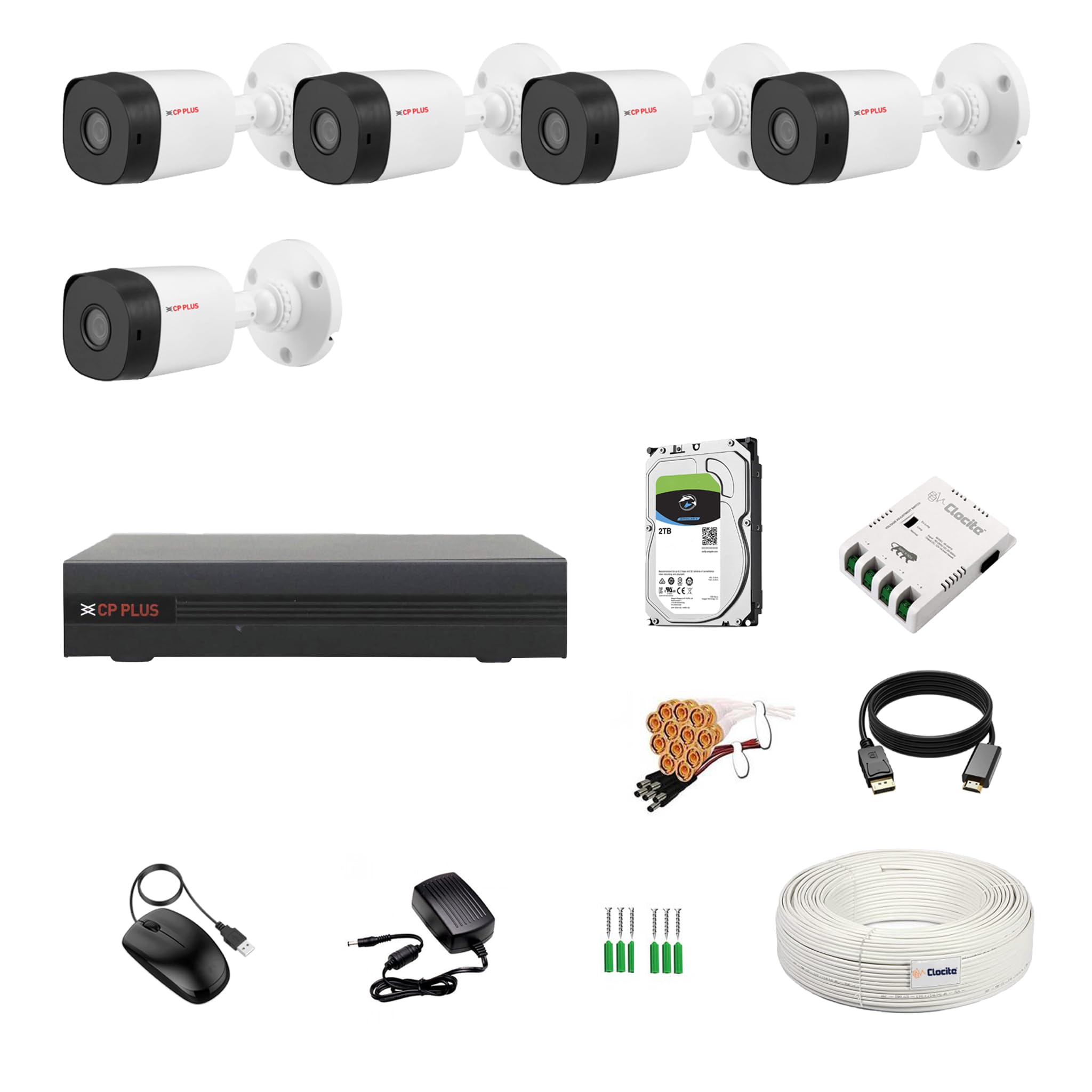 8 Channel DVR with 2.4MP 5 Bullet Cameras (Day/Night Vision) + 2TB HDD + Copper Cable Roll (1+3) + CLOCITE 8 CH Power Supply + BNC & DC Full Combo Kit