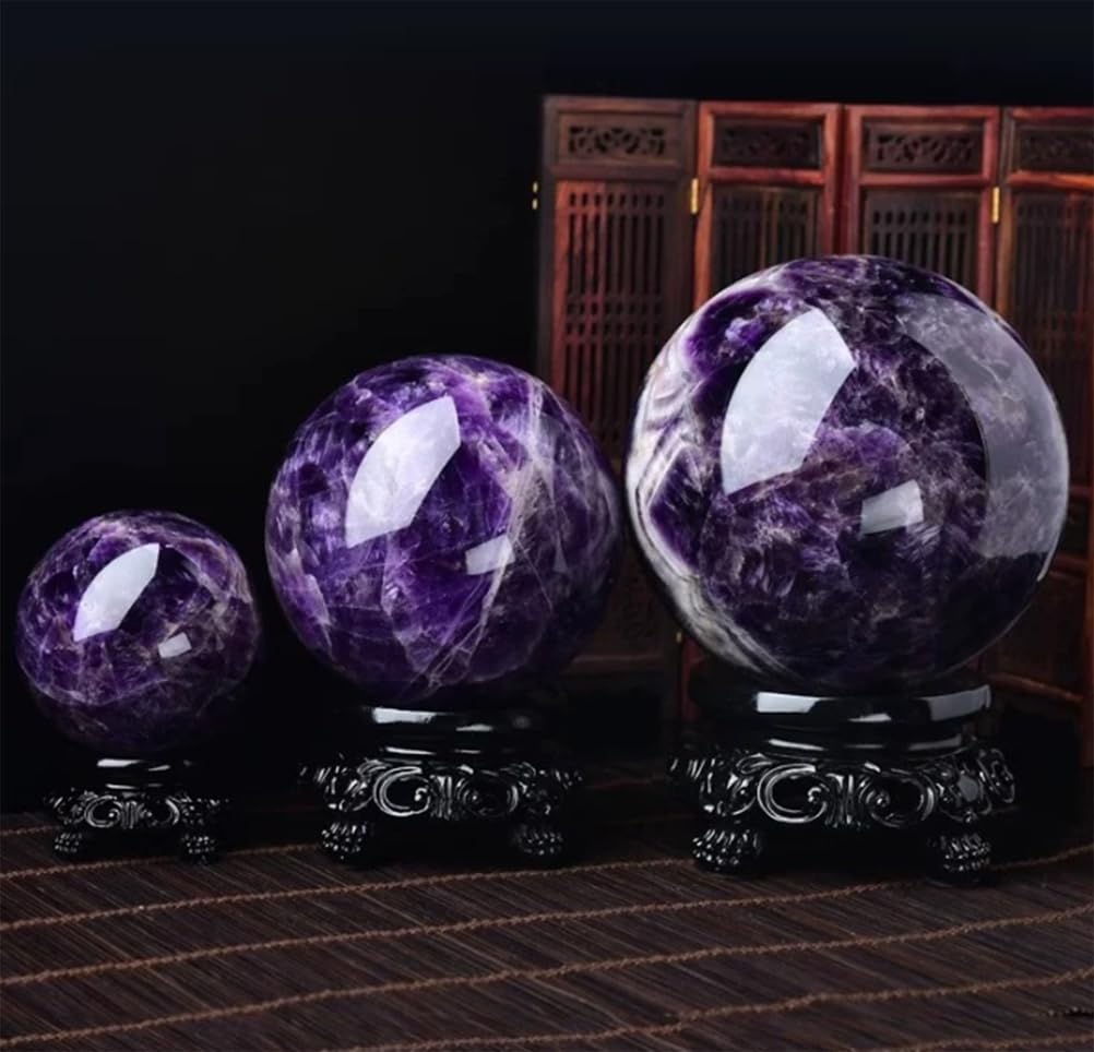Esfera de Cristal de amatista con soporte de Madera, Gran escultura de esfera de cristales curativos, decoración para El hogar y la oficina, meditación Fengshui.,3.14in