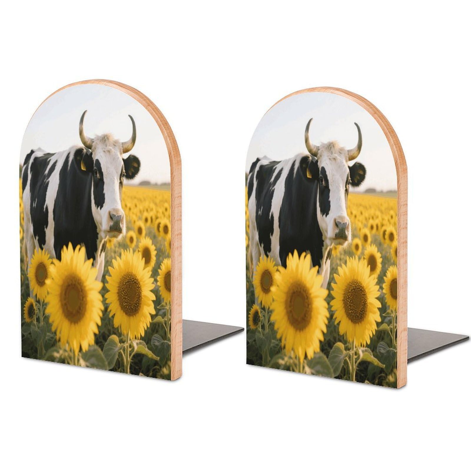 Cow Sunflowers Bookend Modern Non-Skid Bookends Heavy Duty Wooden Book Stopper Support for Heavy Books Book Organizer for Home Office Supplies