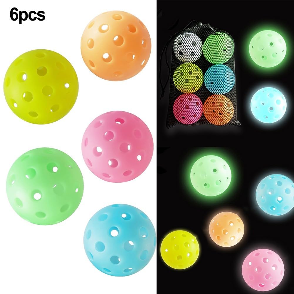 Lot de 6 balles de pickleball phosphorescentes pour sports d'intérieur et d'extérieur – Boules de cornichon lumineuses avec couche fluorescente, 40 trous pour un vol stable, standard 7,87
