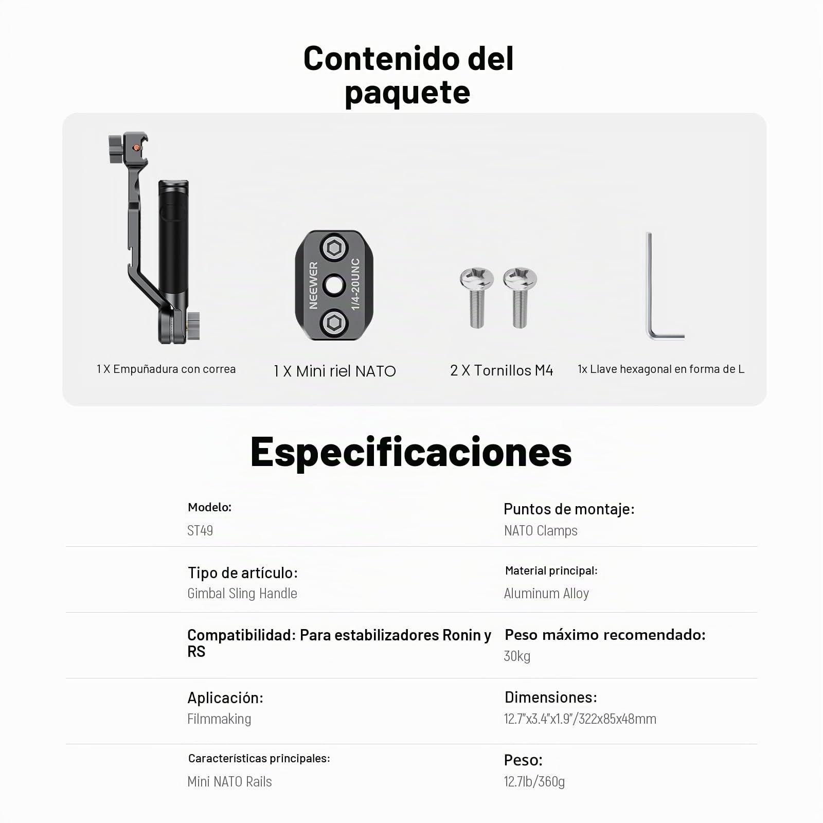 NEEWER RS4 RS3 Gimbal Sling Empuñadura Ajustable con Riel NATO, Compatible con dji RS4 RS4Pro RS3 RS3Pro RS3Mini RS2 RSC2 Ronin-S Ronin-SC para Tomas Angulo Bajo, Carga Máxima 13,2 LB, ST49