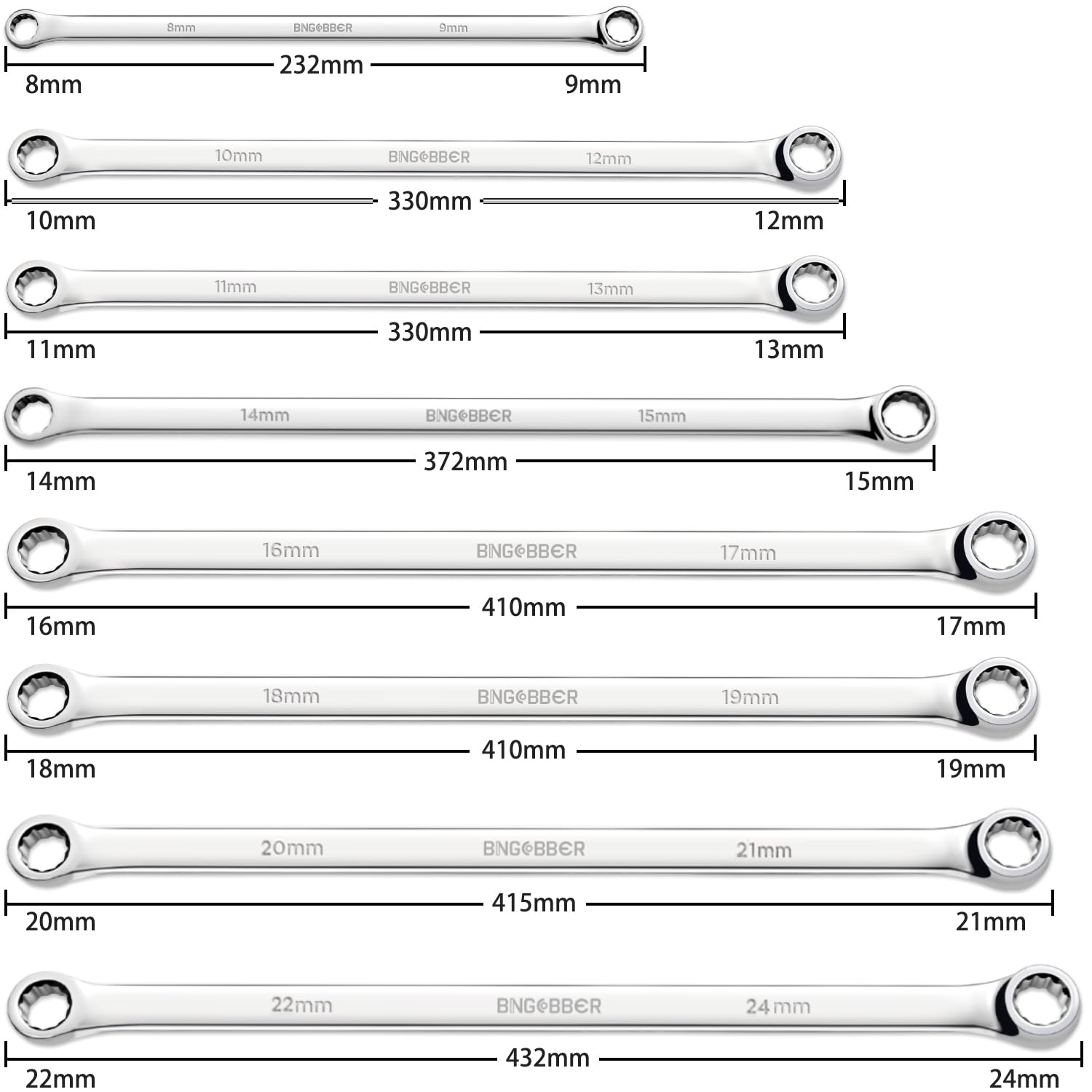 Juego de llaves de estrella dobles, 8 piezas, llaves extralargas, acero CV, 8 mm - 24 mm