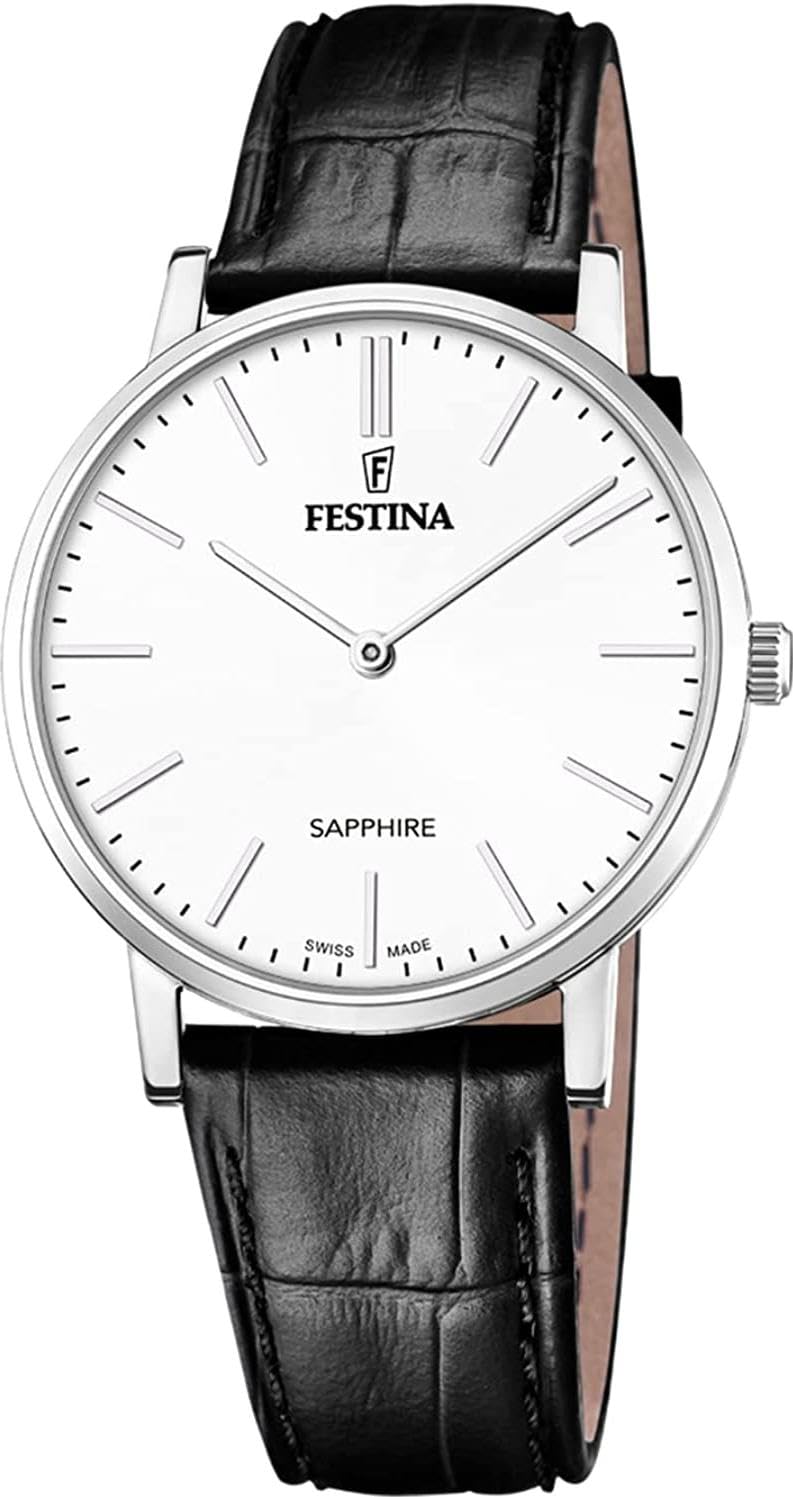 Festina Swiss Made Reloj Hombre Analógico de Cuero Negro - Movimiento de Cuarzo - Cristal Zafiro de Alta Resistencia - Resistente al Agua 5 ATM Elegante F20012/​1 Classic Leather