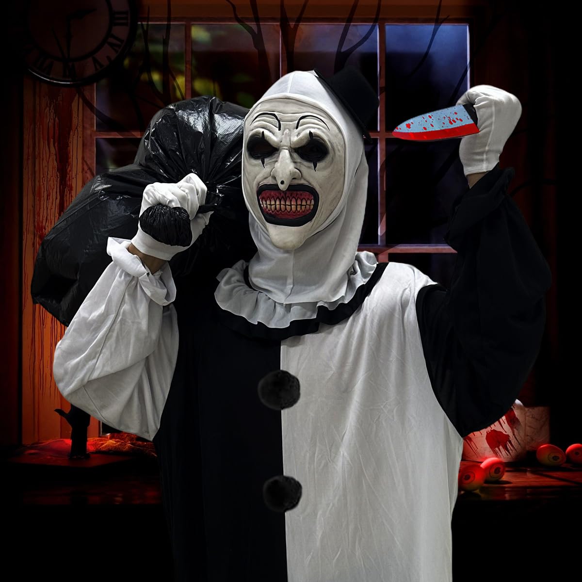 Halloween Clown Terrifier Costume, Costume Pagliaccio Halloween, con maschera, coltello, guanti, borsa nera, per Halloween, Carnevale, Feste, Cosplay