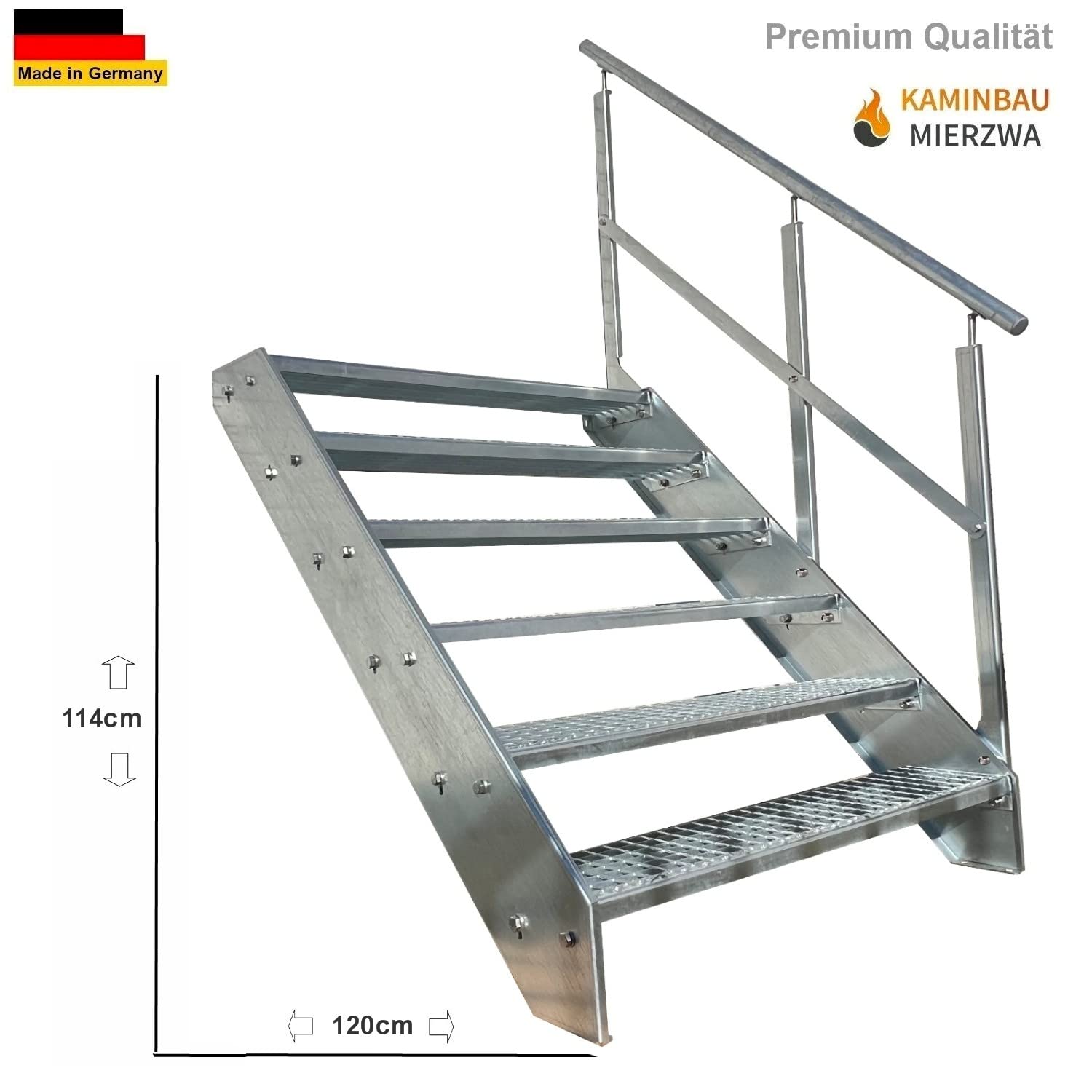Premium Caillebotis acier Escalier à limon 6 Marches Entièrement galvanisé avec garde-corps à droite - Dimensions (L x l x H) 120cm x 80cm x 114cm