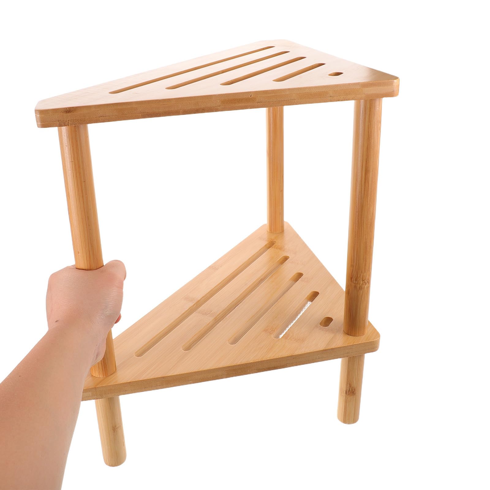 ibasenice Banco para Baño Diseño Triangular Doble Capa, Reposapiés y Taburete para Cambiar Zapatos de Madera y Bambú Base Triangular Ensanchada