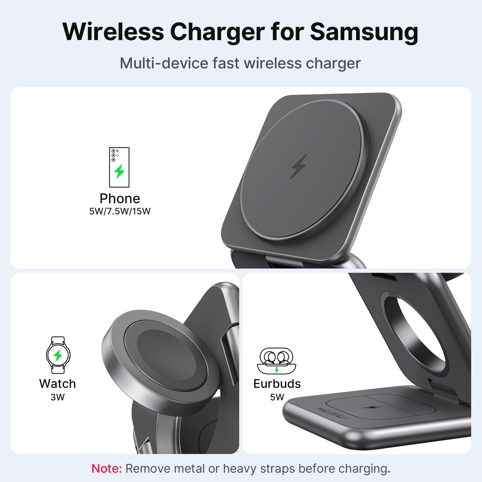 KU XIU Kabelloses Ladegerät für Samsung, Aluminiumlegierung, faltbar, 3-in-1, kabellose Ladestation für Samsung Galaxy S25 Ultra S24 S23 S22 Note Z Fold Flip/Buds, Schnellladegerät für Galaxy Watch