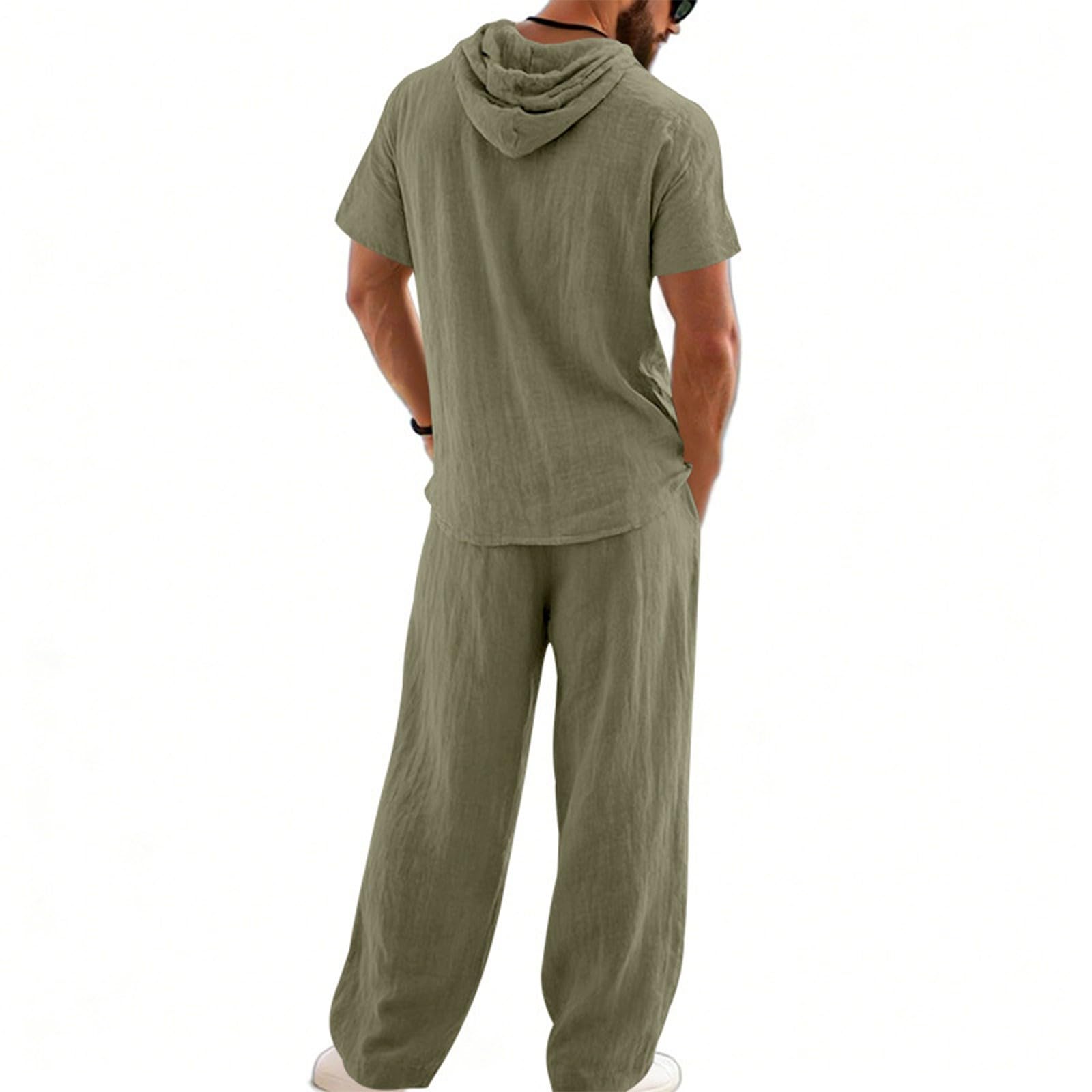 Sommeranzug Herren Leicht Leinen Set Kurzarmhemd Und Hose Sommer Outfit Set 2 Teiliges Strandanzug Einfarbig Casual Hawaii Kostüm mit Kapuze Freizeitanzug Leinenanzug