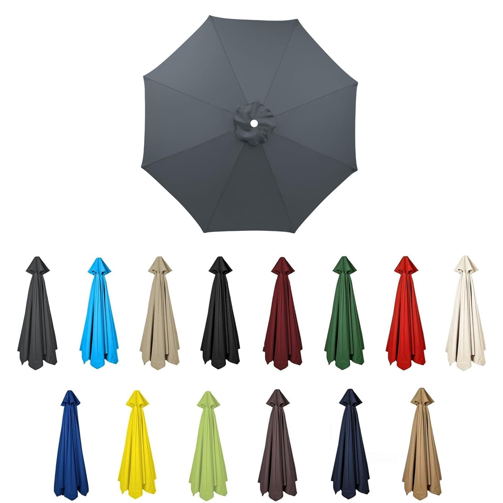 HonunGron Replacement Parasol Canopy Sun Umbrella Replacement Cloth For 2M 2.7M 3M, 6/8 Ribs, Garden Patio Umbrella Fabric Canopy Cover, UV50+, Waterproof (Gray,8 ribs-3m(9.8ft))
