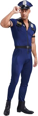 Mens Police Officer Policeman Costume Dirty Cop Roleplay Short Sleeve Jumpsuit with Accessories