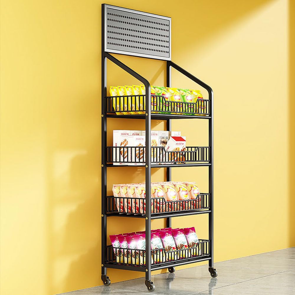 Cendbirut Black Retail Display Shelf, Floor-Standing Retail Stand With Wheels And Hooks, Retail Candy Snack Display Rack, For Supermarket Home,,4 Tier