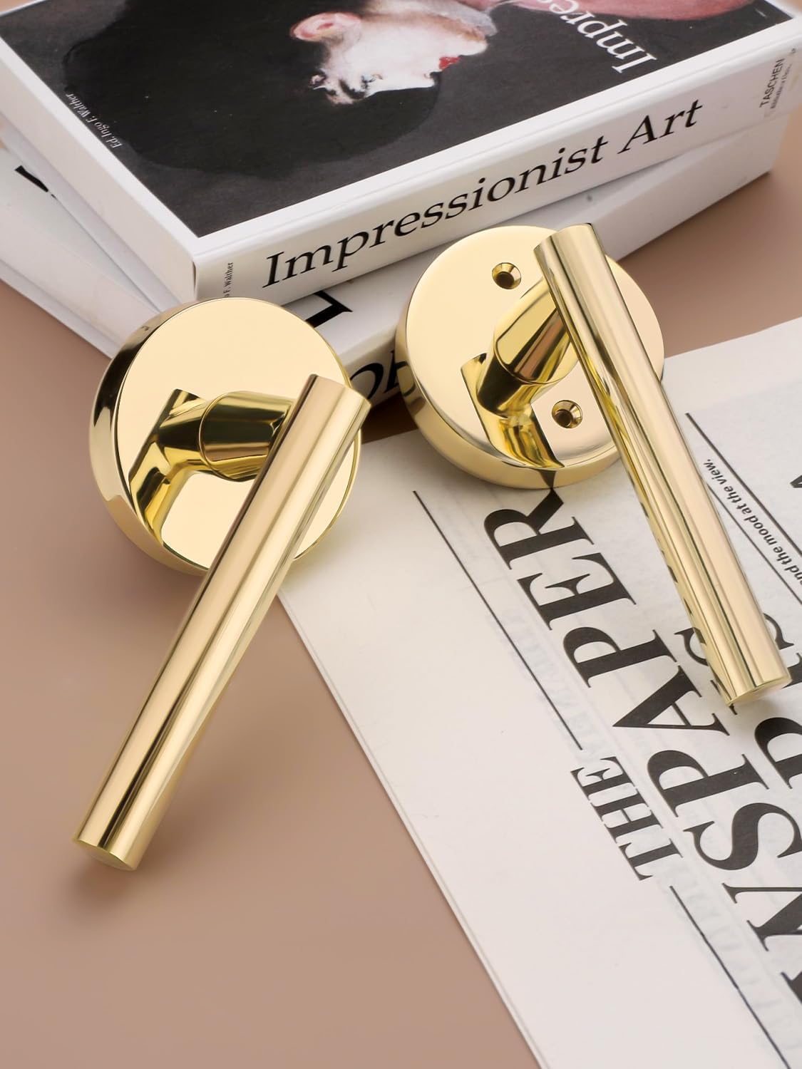 Polished Brass Door Knobs 4 Pack, Interior Door Handle, Passage Door Knob No Lock, Closet Door Knobs Without Key, Gold Door Lever for Hallway, Universal for Left/Right Sided Doors