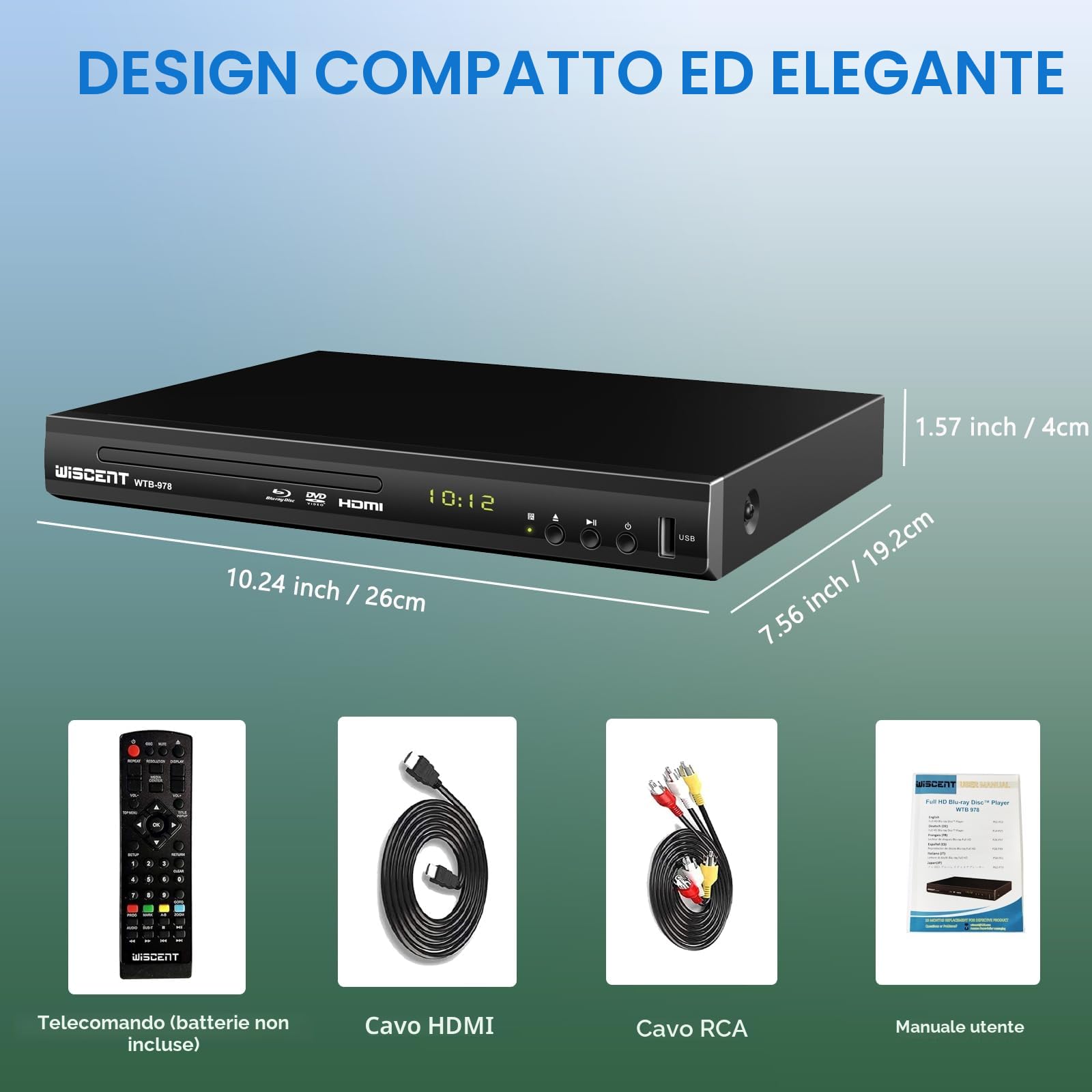 Lettore Blu-Ray per TV, WISCENT Lettore DVD con Coassiale/HDMI/AV, ingresso USB, tutti i DVD e la regione B/2 Blue Ray Discs, Lettore Bluray Compatto Full HD 1080p (WTB-978B)