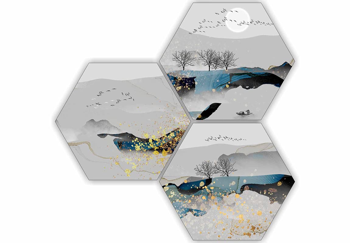 SAF paintings Flying Animal Nature See Horizon 3 Piece of Hexagon UV Textured Multi-Effect Self adheshive Painting 17 Inch X 17 Inch SANFHX173