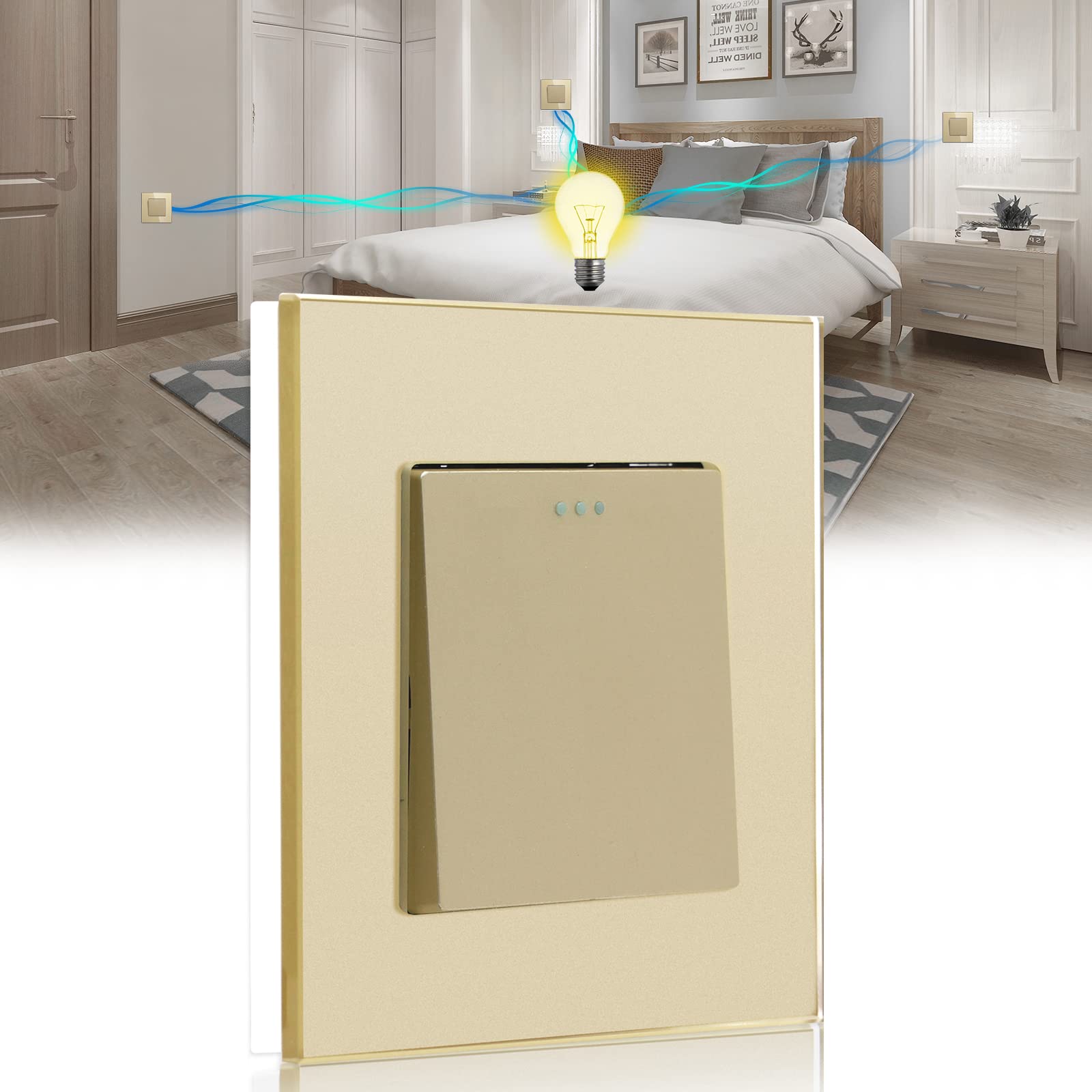 BSEED Light Switch 1 Gang 3 Way Wall Intermediate Switch,Screwless 10A Rocker Tactile Glass Light Switches Gold Crystal Toggle Switch — image 1