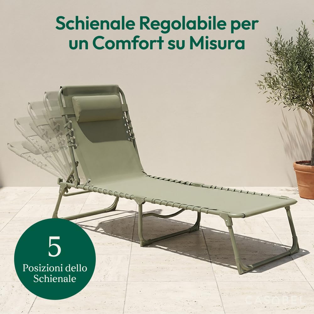 CASABEL Sedia Sdraio Pieghevole da Giardino, Set di 2 Lettini Pieghevoli Esterno Comodi e Resistenti, Struttura in Acciaio e Rivestimento in Textilene, Arredo Giardino Prendisole, Verde salvia