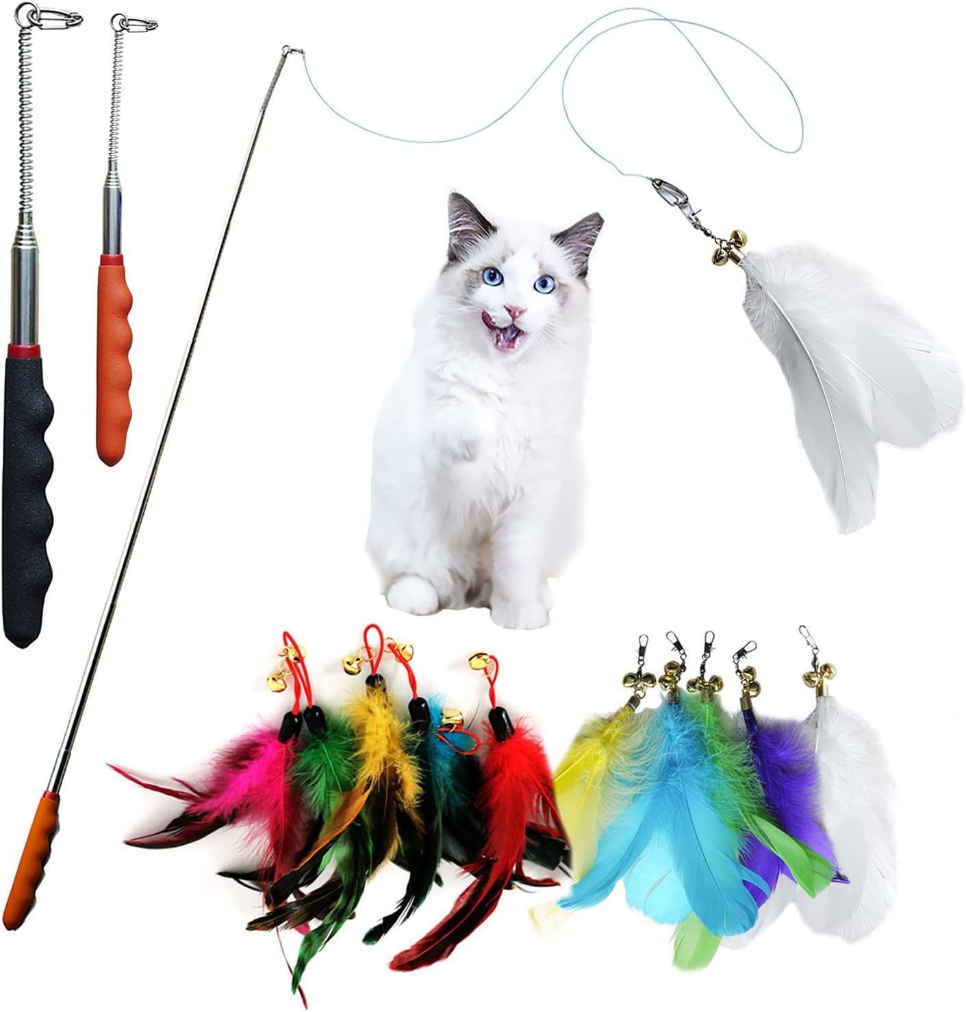 JOCYI Cat Feather Toys-2PCS Retractable Cat Wand Toy 33Inch-10PCS Feathers Teaser Replacements with Bell,Spring and 27 inchs nylon…