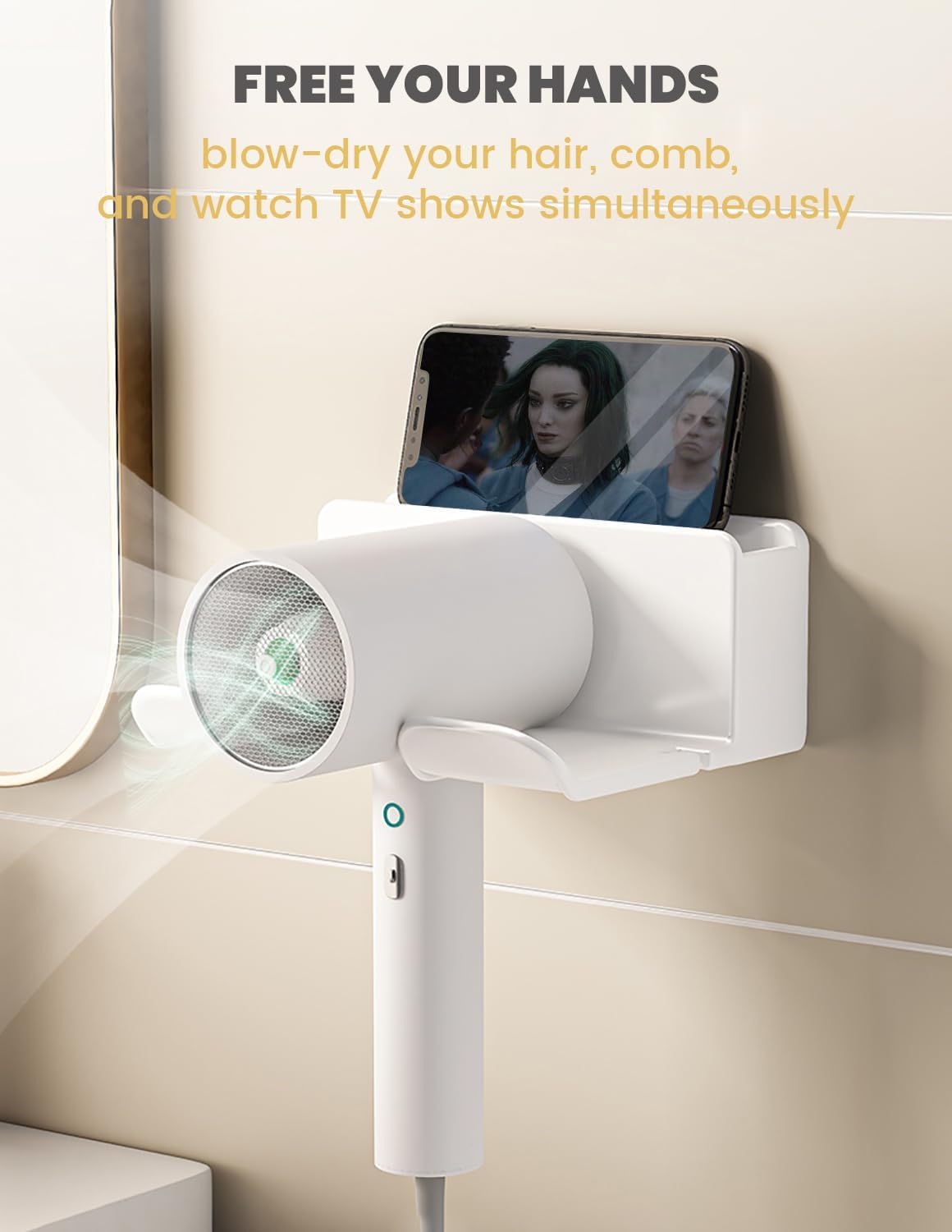 Porta Phone Bagno da Muro Adesivo, Porta Asciugacapelli, Supporto per Asciugacapelli per Bagno 2 Scomparti e Portacavi (16*6.5*12.6CM)
