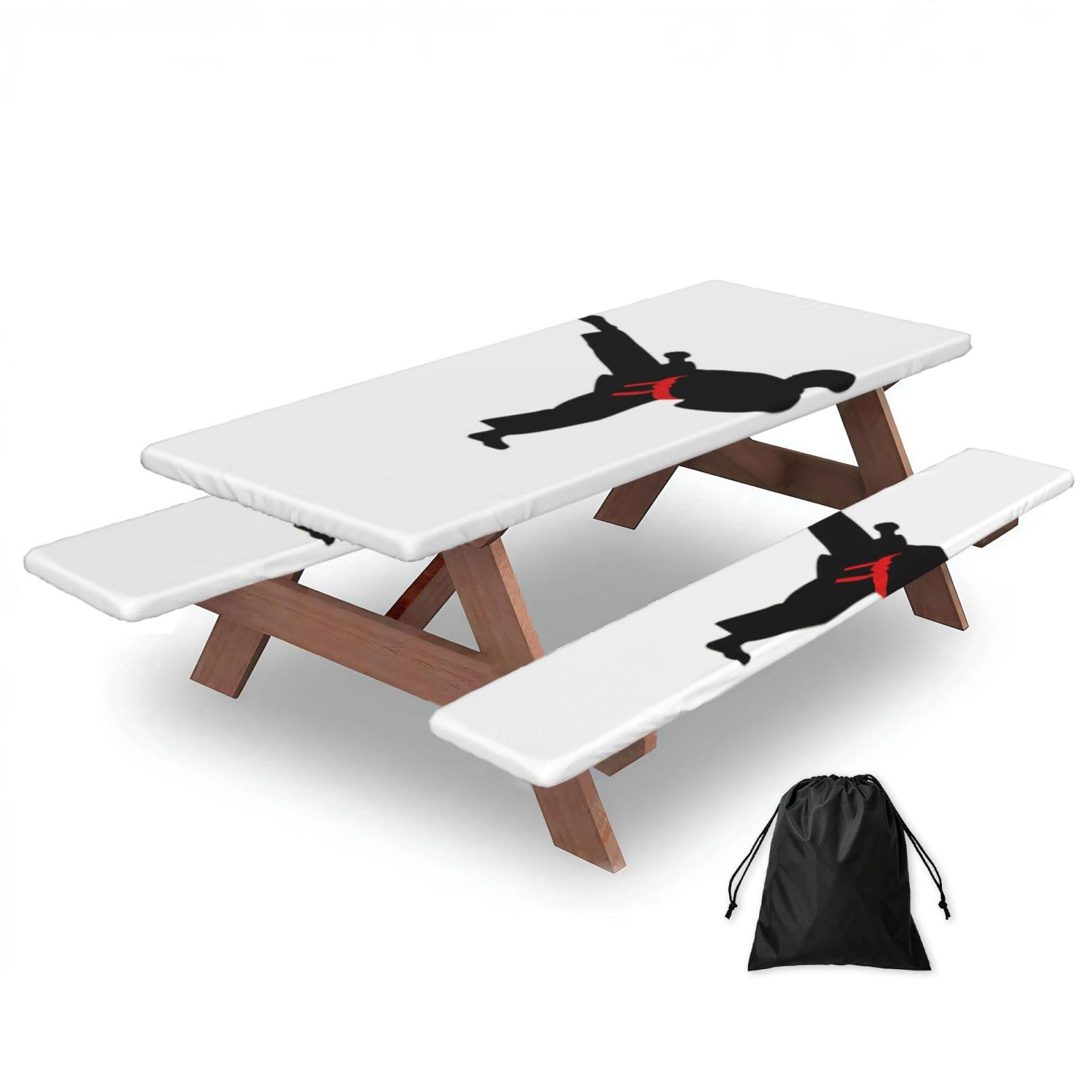 Duwaa Boys Black Karate Vector Changeable Belt Color Print 183Cm Picnic Table Cover With Bench Covers, Waterproof Elastic Tablecloth Set For Outdoor