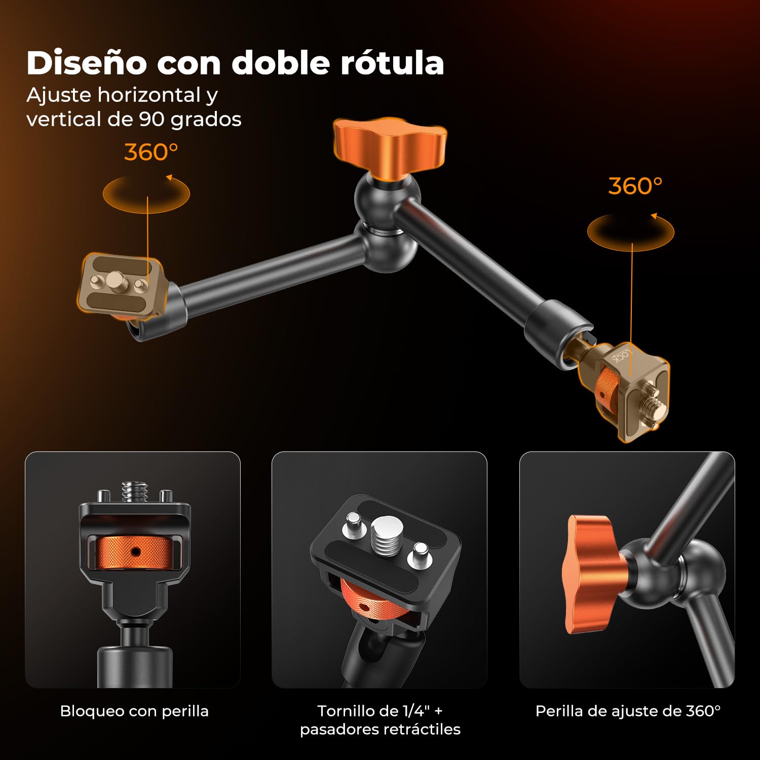 K&F CONCEPT Brazo Mágico 11 Pulgadas con Super Clamp Pinza, Magic Arm con Súper Abrazadera con Tornillos de 1/4" y 3/8" para Monitor Luz LED Cámara de Acción, Carga máxima: 2KG