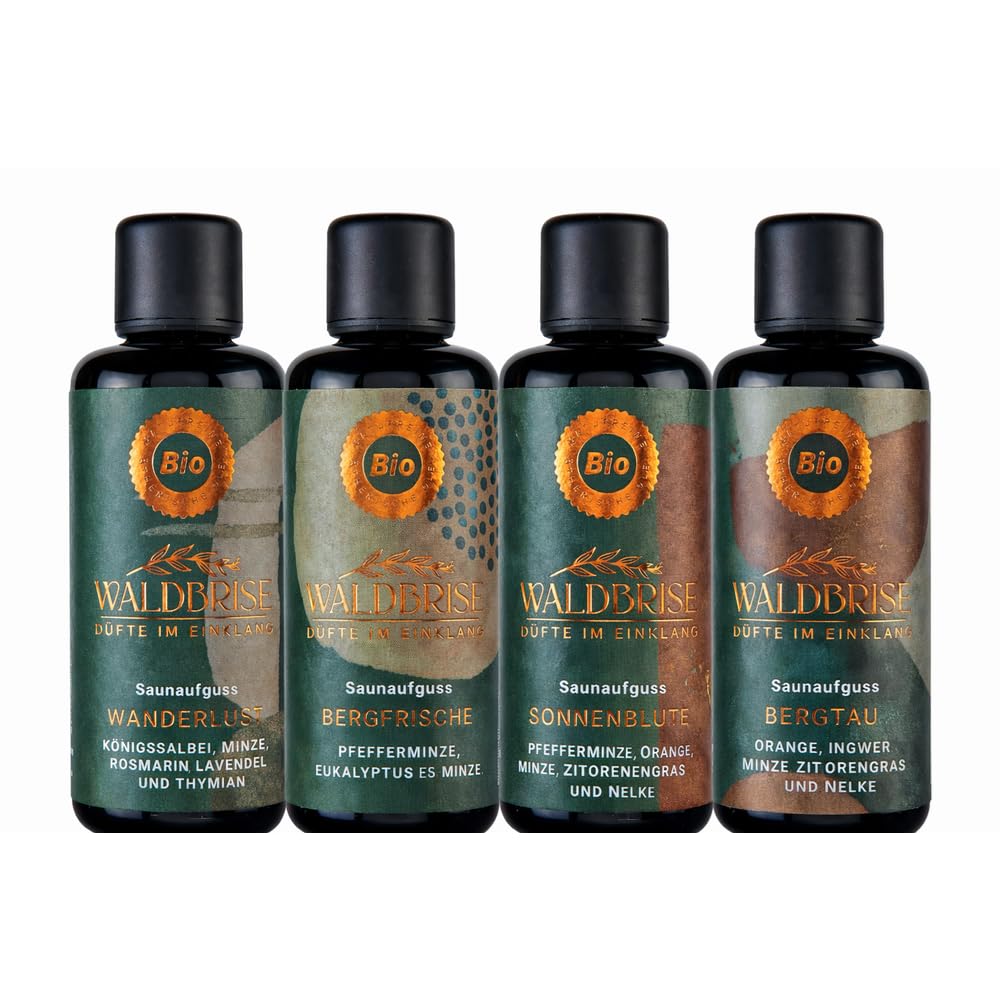 Saunaaufguss 4er Set - Saunaduft mit ätherischen Ölen, wohltuend, aus kontrolliert biologischem Anbau, rückstandsfrei, Konzentrat, für Kräuterbäder, Aromaschalen, Dampfbäder - 4x 100 ml