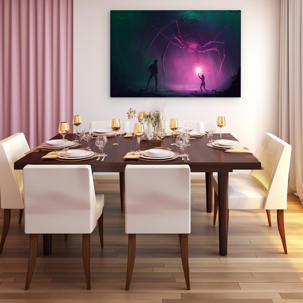 Canvas for Living room. Facing the Neon Terror: A Duel with the Colossal Spider in the Shadows, 27 x 18 inch Canvas Wall Art - Modern Home Decor - 69x46 cm (27x18 inch)