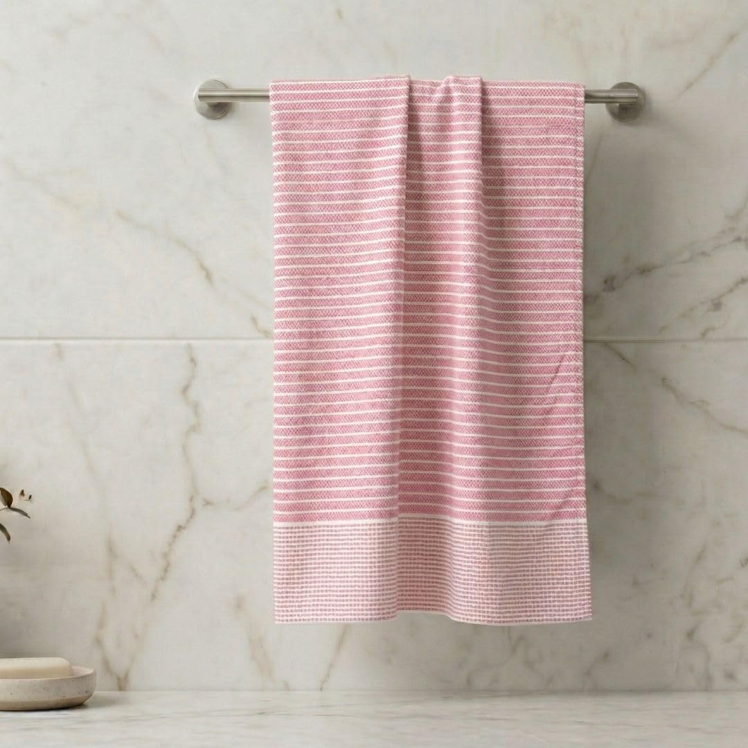 Athom Living Premium Cotton Light Weight Quick-Dry High Absorbent Cotton Bath Towel Pink Stripes, 75x150 Cm (Pack of One)