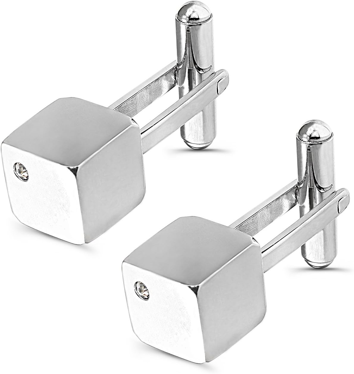 Stainless Steel Men's Cufflinks - Cube Inspired Design with CZ Stone Accent