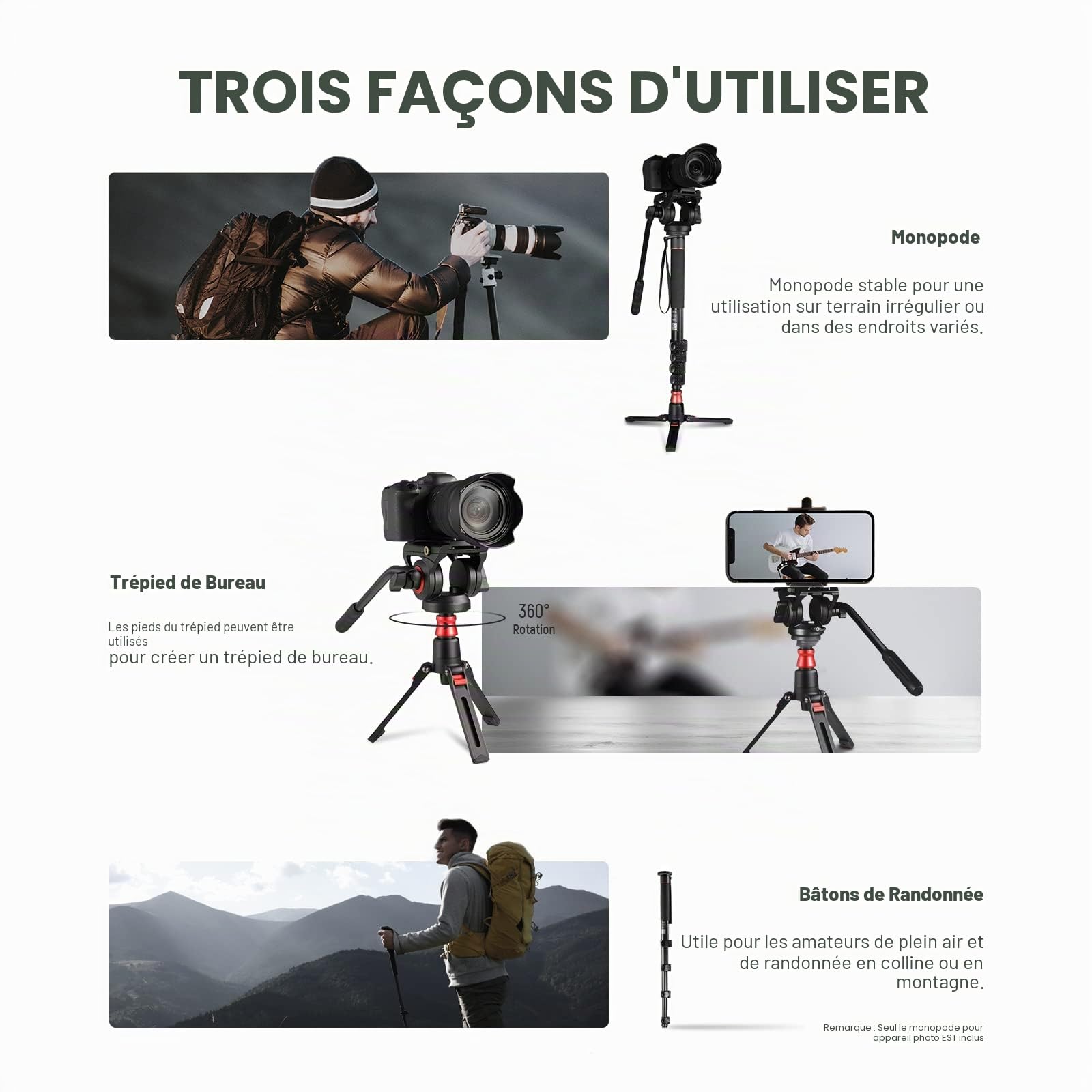 NEEWER GM76 Monopode professionnel pour appareil photo avec pieds, télescopique, portable, en aluminium, tête fluide, inclinable, pied amovible, pour appareil photo reflex numérique, charge maximale 6