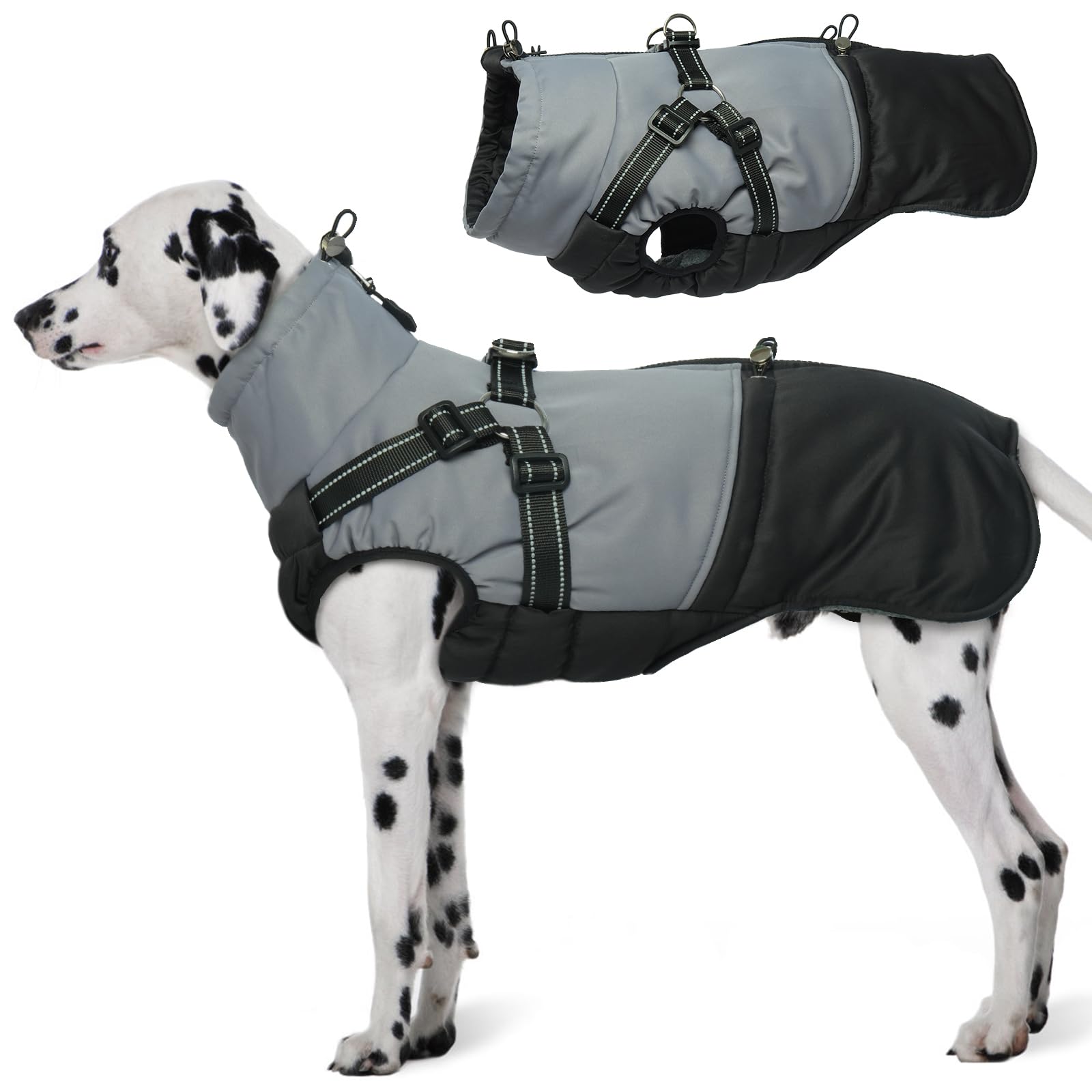 Hundemantel mit Geschirr, Hundemantel Winter für Kleine Mittelgroße Grosse Hunde, Hundejacke Wasserabweisend und Warm Mantel Gefüttert Wintermantel Hund, Schwarz XL
