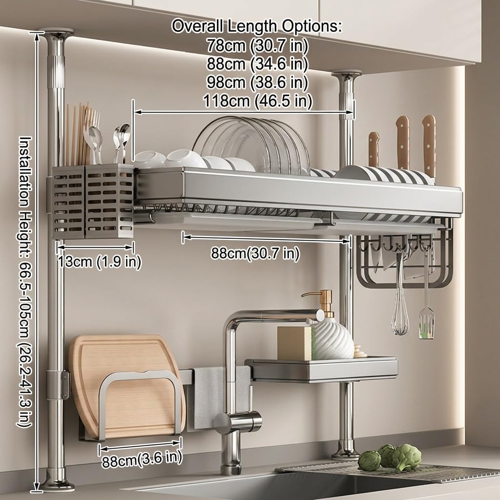 Spülbecken Abtropfgestell Teleskopisch, Edelstahl Geschirrablage höhenverstellbar, Platzsparender Küchenorganizer über Spüle für Ordnung(98cm/38.6in)