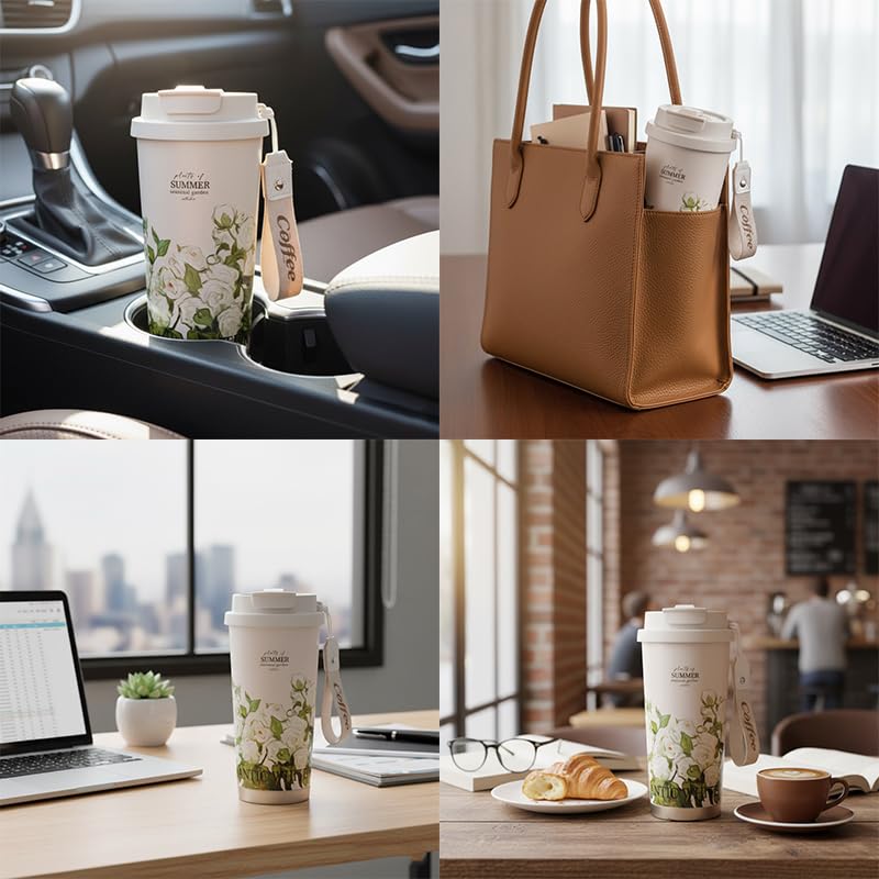 Image of Spiaty Summer Garden Floral Travel Mug with Strap, White Roses Design,500 ml Insulated Coffee Cup with Lid Leak-Proof Thermos Mug for Coffee, Tea, Hot or Cold Beverages