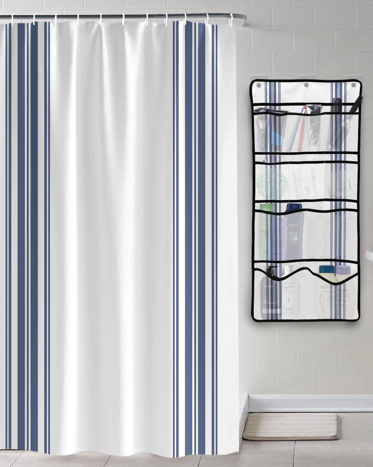 Shower Curtain Mesh Shower Organizer Hanging Set Farmhouse Blue Stripes Decoration Waterproof Shower Curtains with 10 Pockets Quick