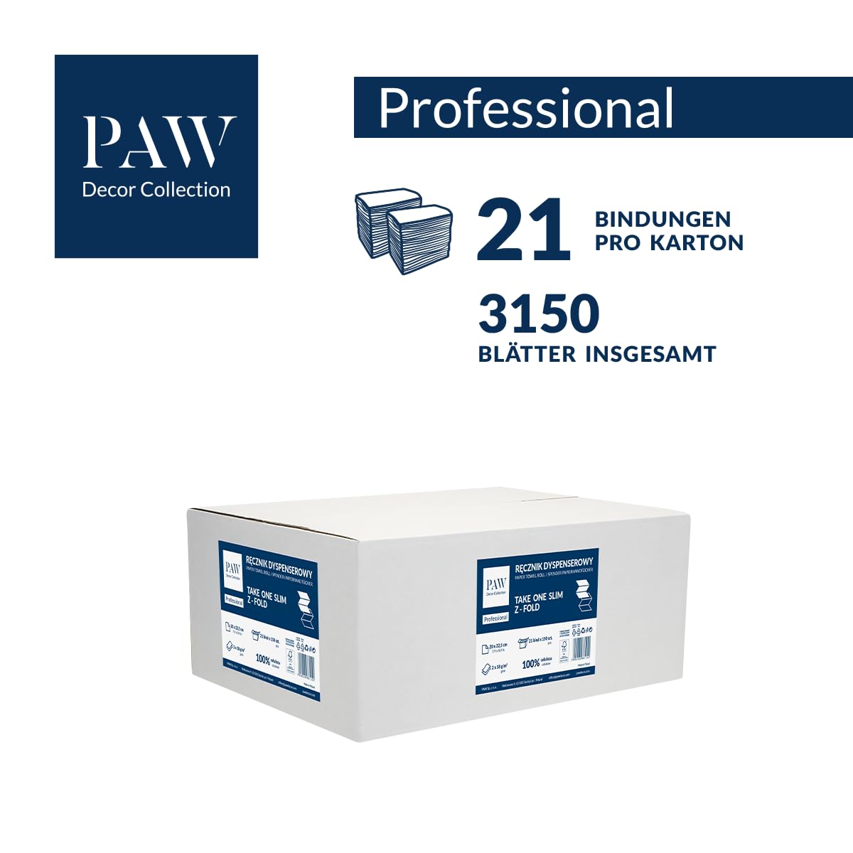 PAW - Papierhandtücher Take One Slim | 2-lagig H2 Falthandtücher für Zickzack Papierhandtuchspender | Einweghandtücher für Spender 20 cm x 22,5cm | 21 x 150 Stück - 3150 Handtücher