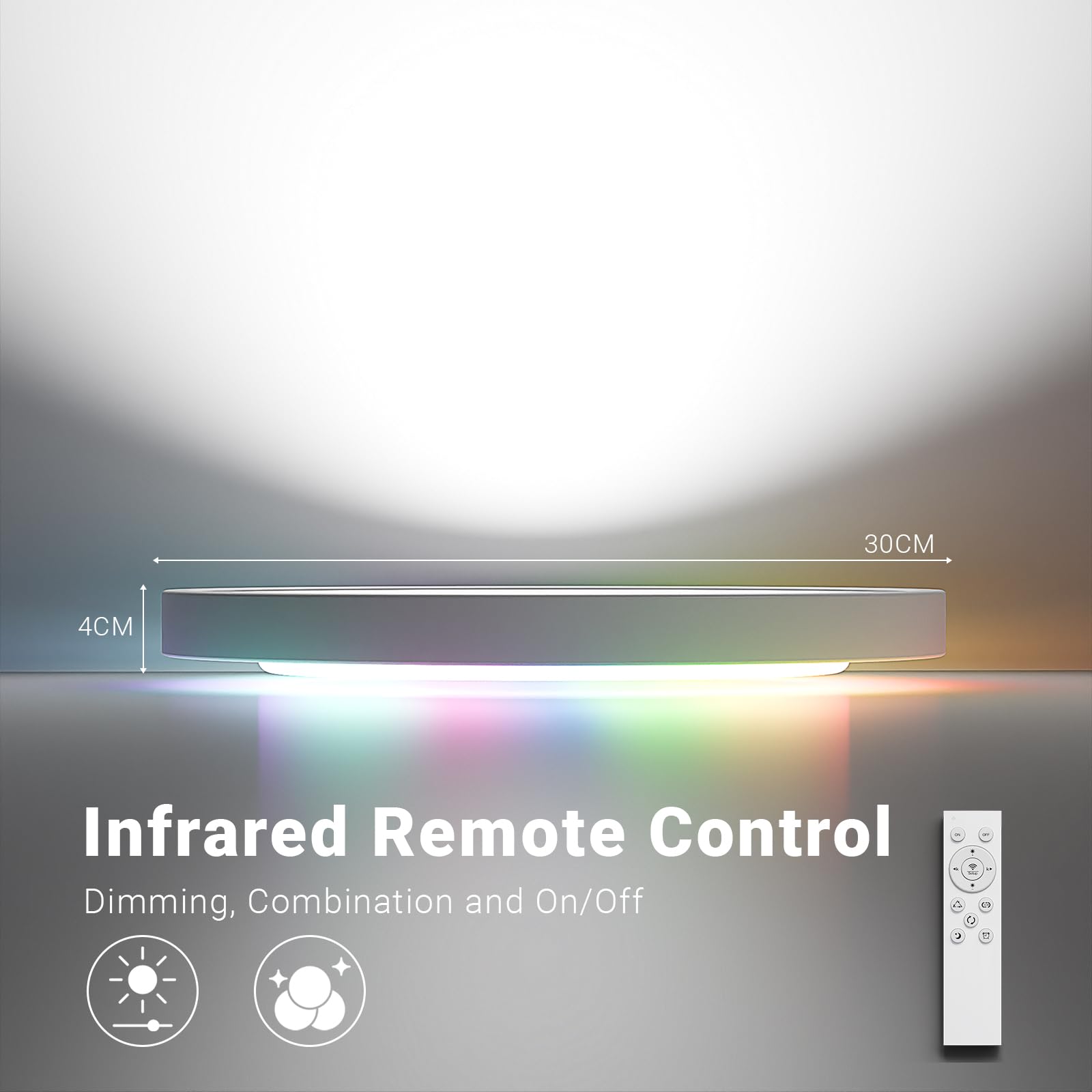 LQWELL® LED Plafoniera Dimmerabile con Telecomando, 24W 2500LM 3000-6500K RGB, Illuminazione da Soffitto Rotonda e Piatta IP44 per Soggiorno Camera da Letto Sala da Pranzo, 300 * 40mm