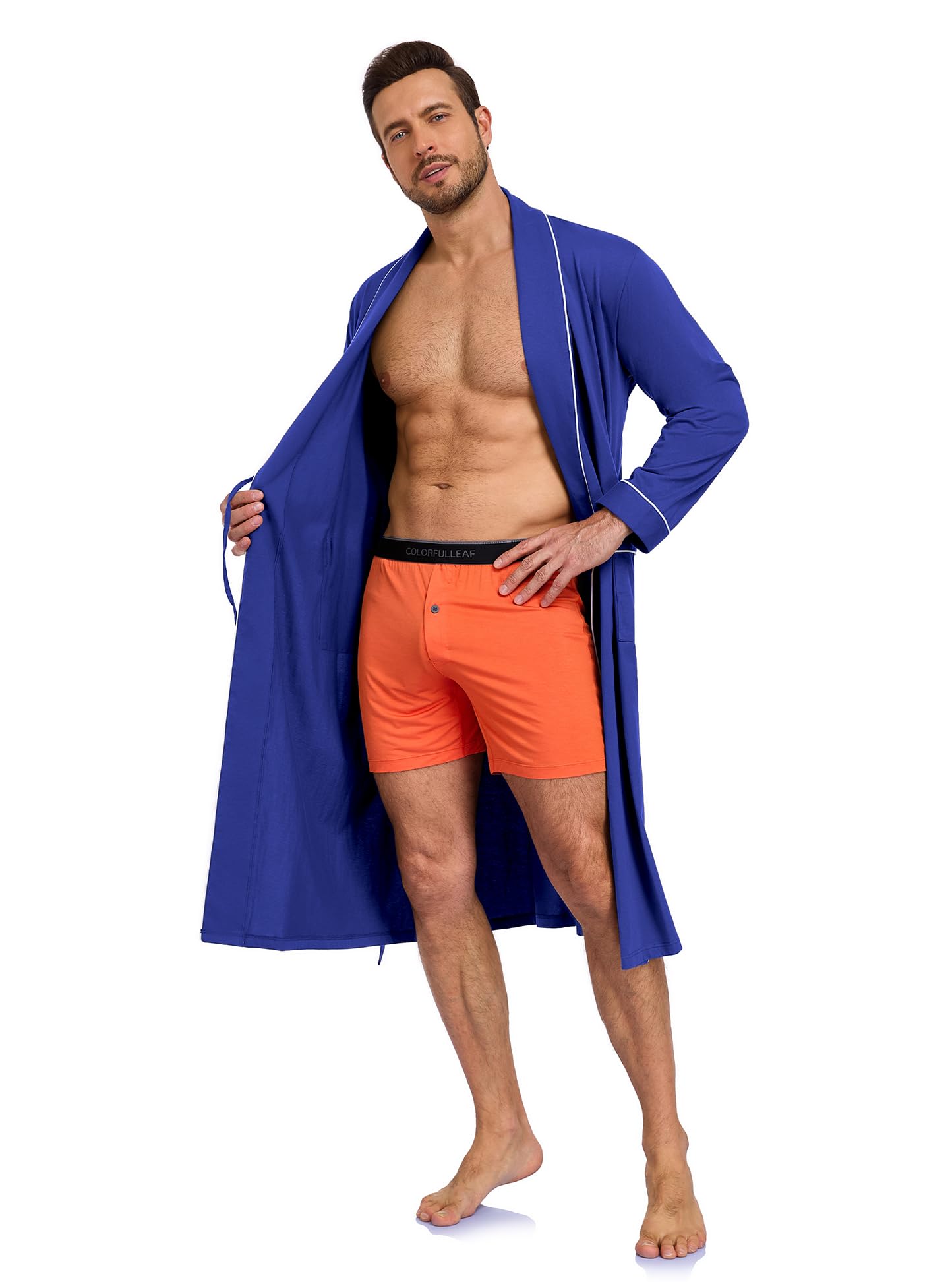 COLORFULLEAF Men's 100% Cotton Summer Robe Lightweight Long Bathrobe Breathable Knit Sleepwear Spa Robe with Pockets