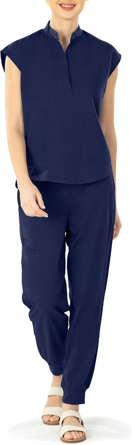 Scrubs for Women Set - Sleeveless Stand Collar Scrub Top & Drawstring Jogger Pants, Scrub Set for Nurse Workwear