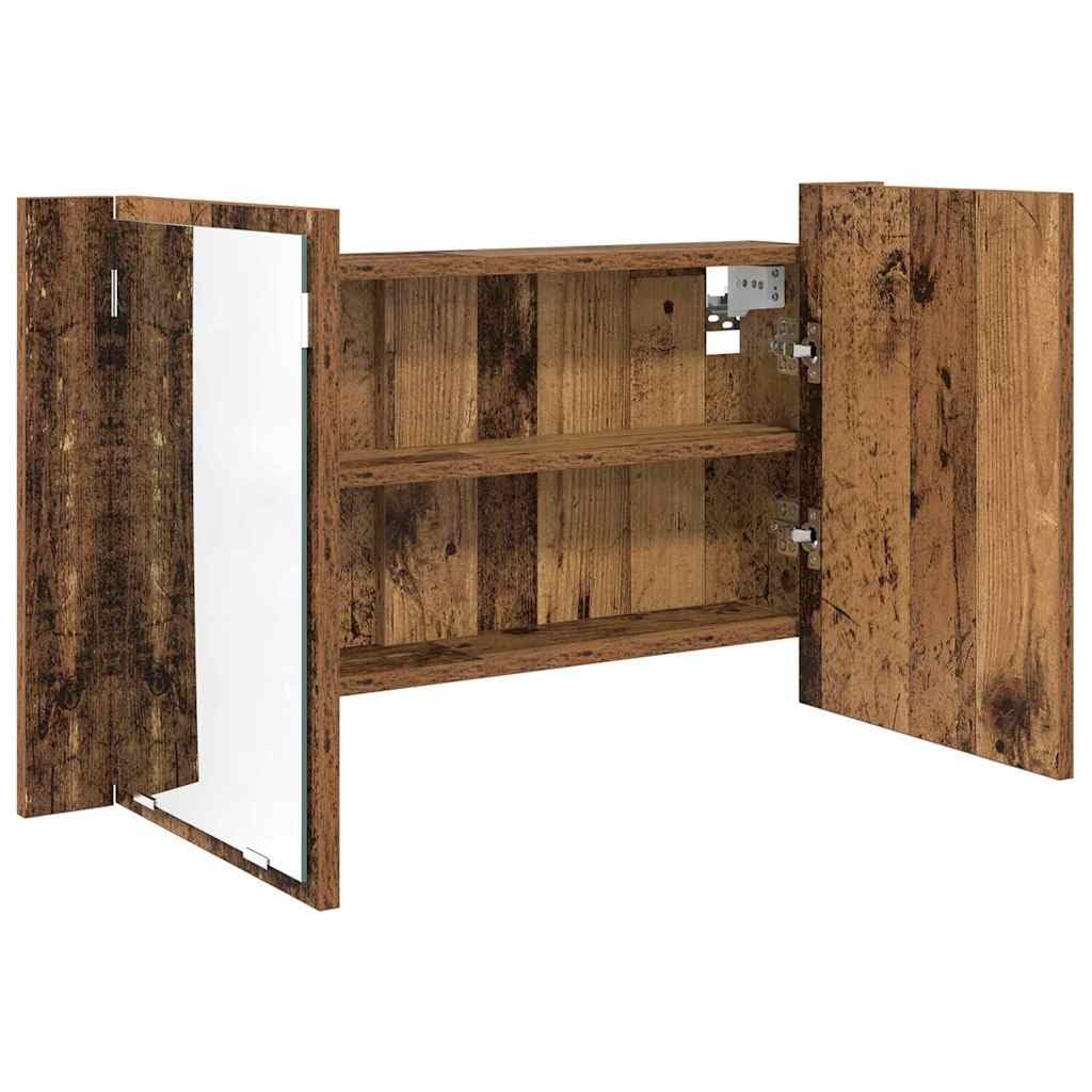 Szafka łazienkowa z lustrem LED, stare drewno z płaskim lustrem, 80 x 12 x 45 cm, montaż ścienny, materiał drewnopochodny z 2 drzwiami i 2 półkami, miejsce do przechowywania i porządek