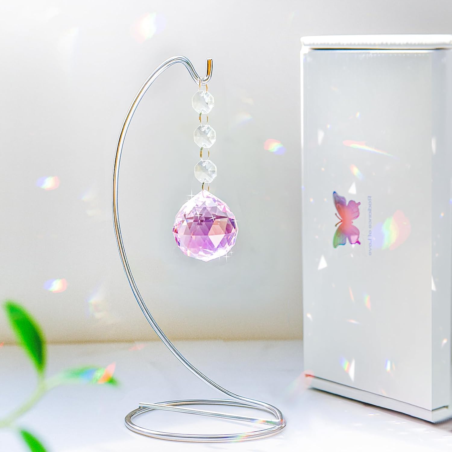 Grief Gifts for Women,40mm Crystal Suncatcher 9-inch Silver Stand with a Greeting Card,in Memory of Loved One Gifts,Memorial for Daughter Pink