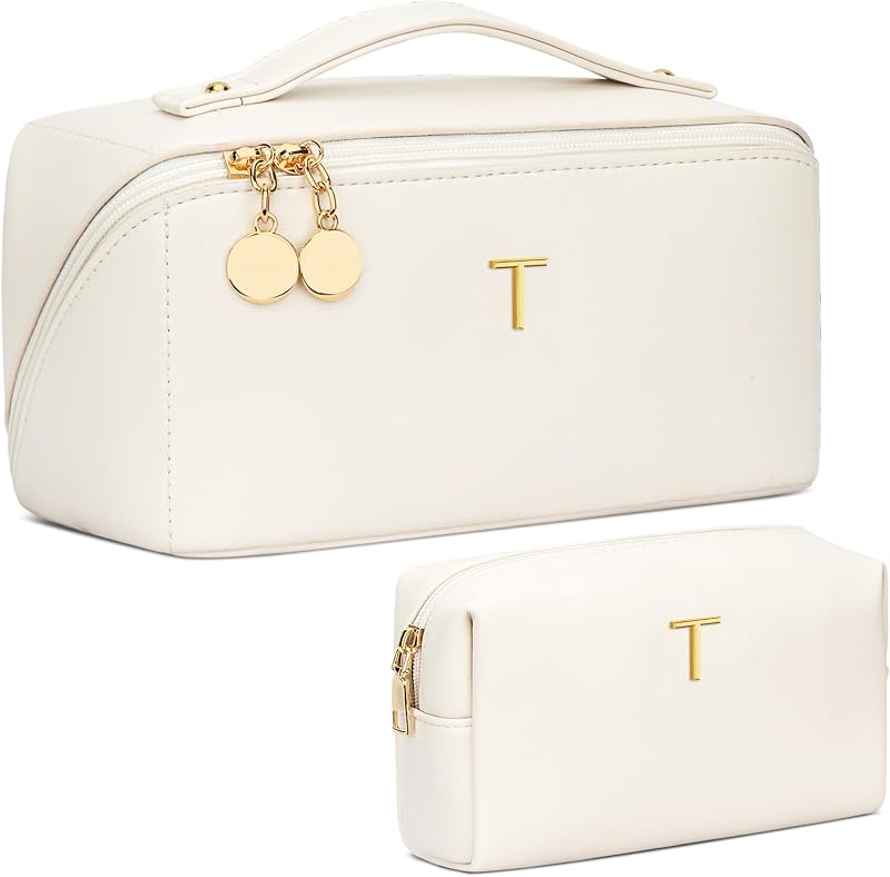 Necessaire de maquiagem CLOUDWINGS personalizada com inicial, bege, com bolsinha de viagem